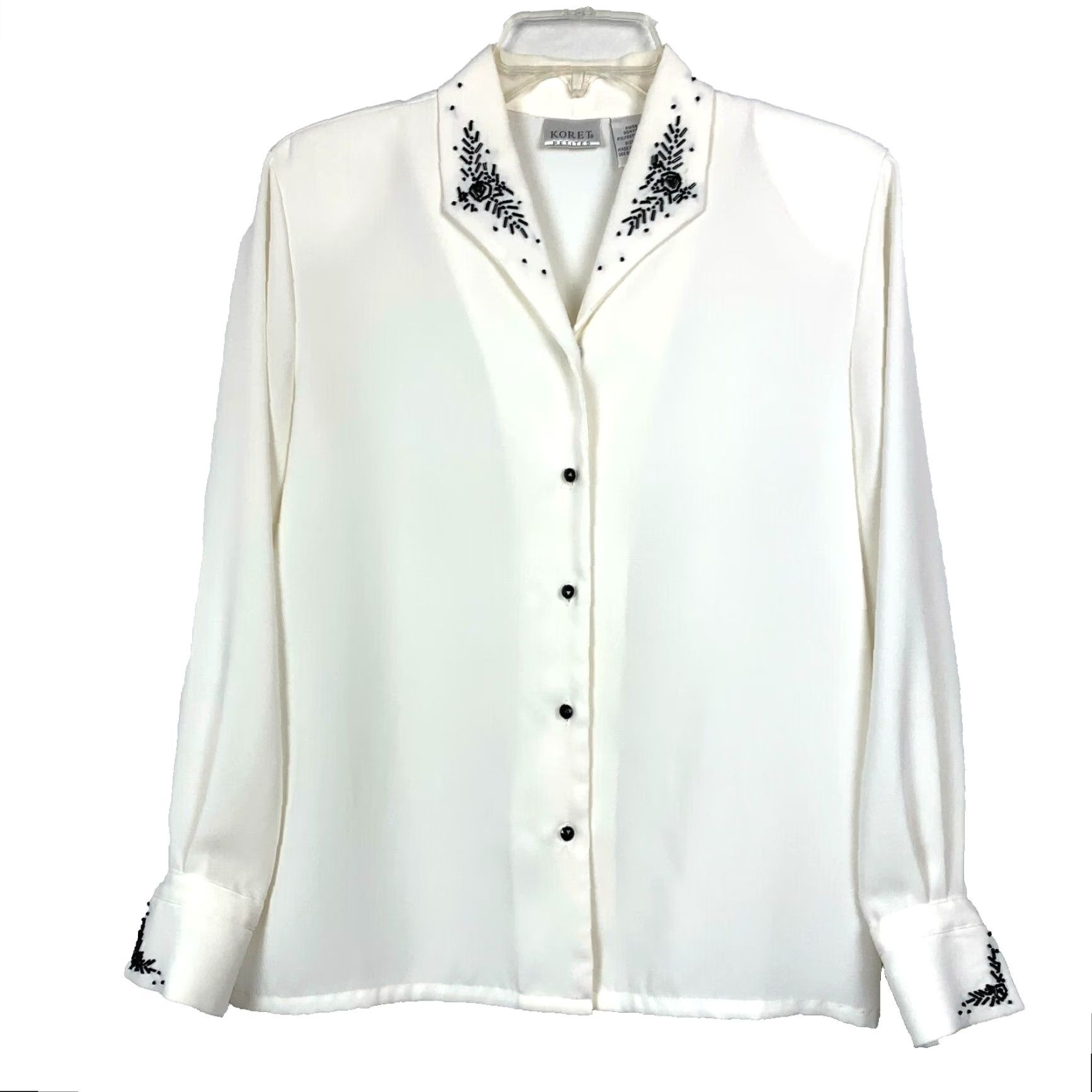Vintage VINTAGE Koret Petites Beaded Button Up Dress Shirt Womens 10P Cream Black 1980s Size L / US 10 / IT 46 - 2 Thumbnail