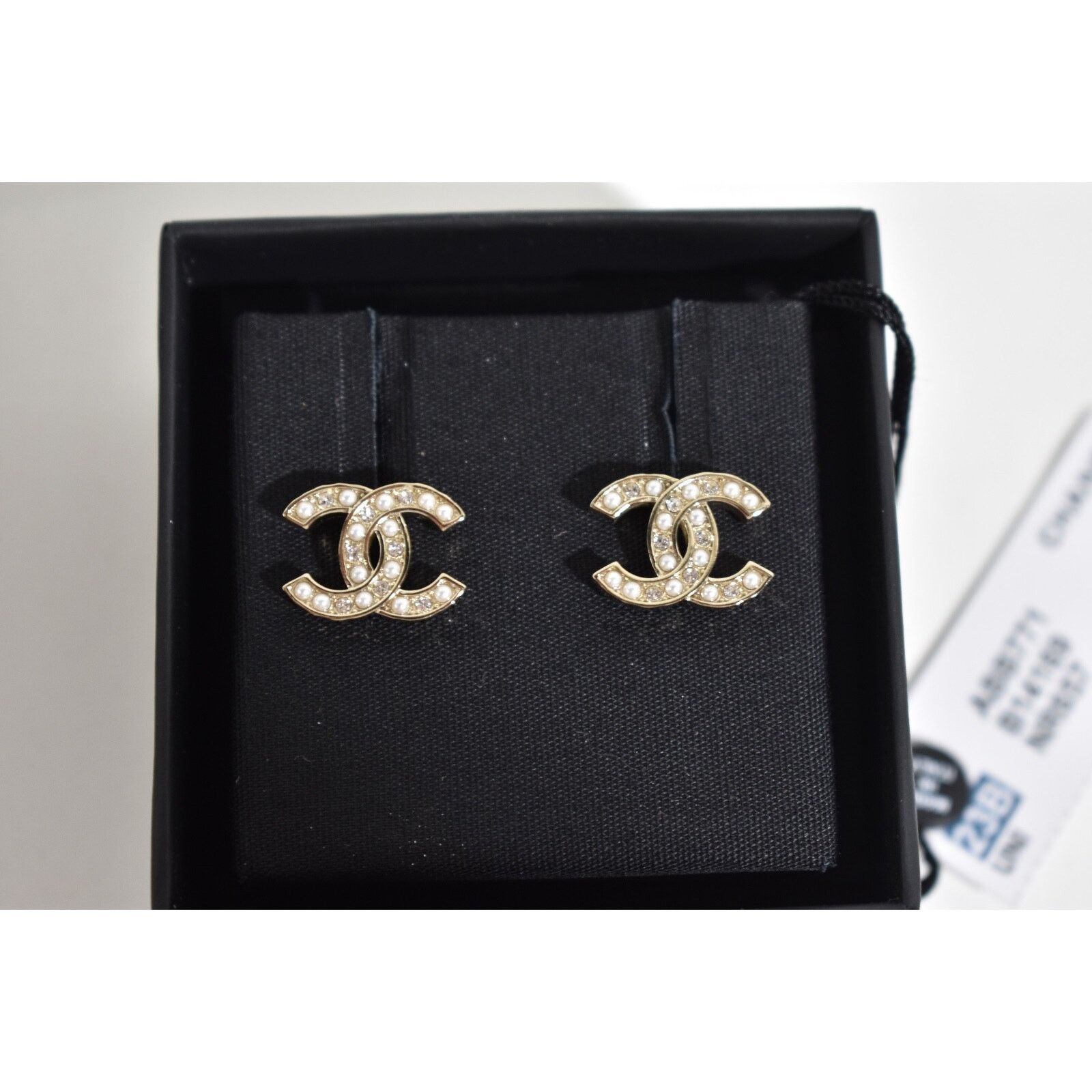 Chanel Chanel Gold Pearl White Crystal Statement Stud Earrings Size ONE SIZE - 8 Thumbnail