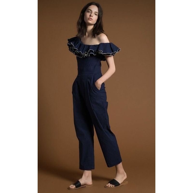 Sea New York Navy Blue Carmen One-shoulder Ruffle Jumpsuit