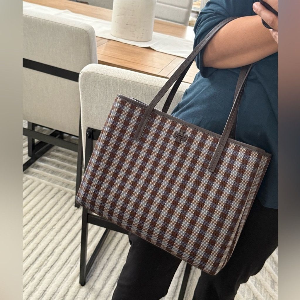 Tory Burch Tory Burch Blake Plaid Zip Tote Blue Multi Woven Nylon Size ONE SIZE - 8 Thumbnail