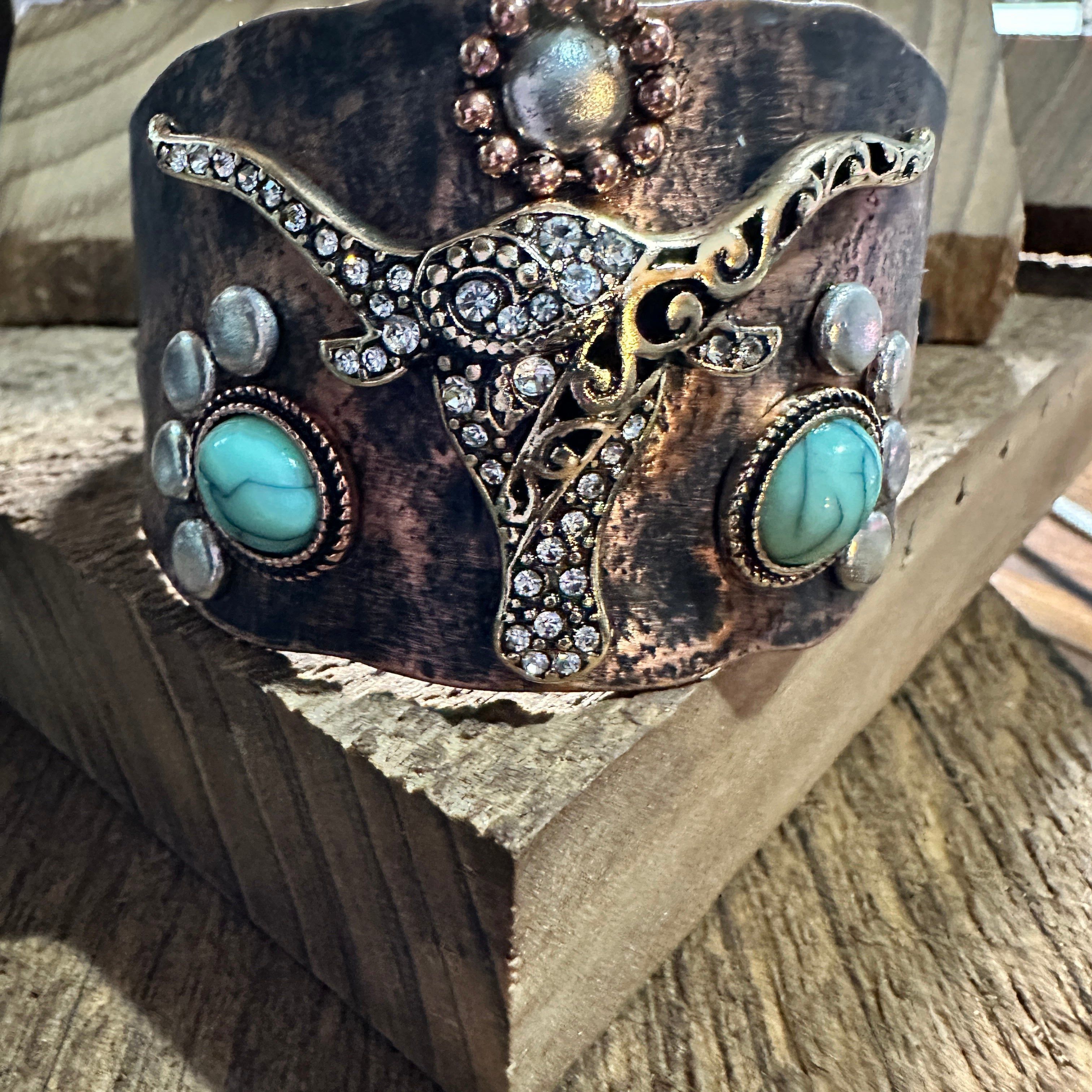 Other Longhorn Turquoise Western Cuff Bracelet with Adjustable Lea Size ONE SIZE - 3 Thumbnail