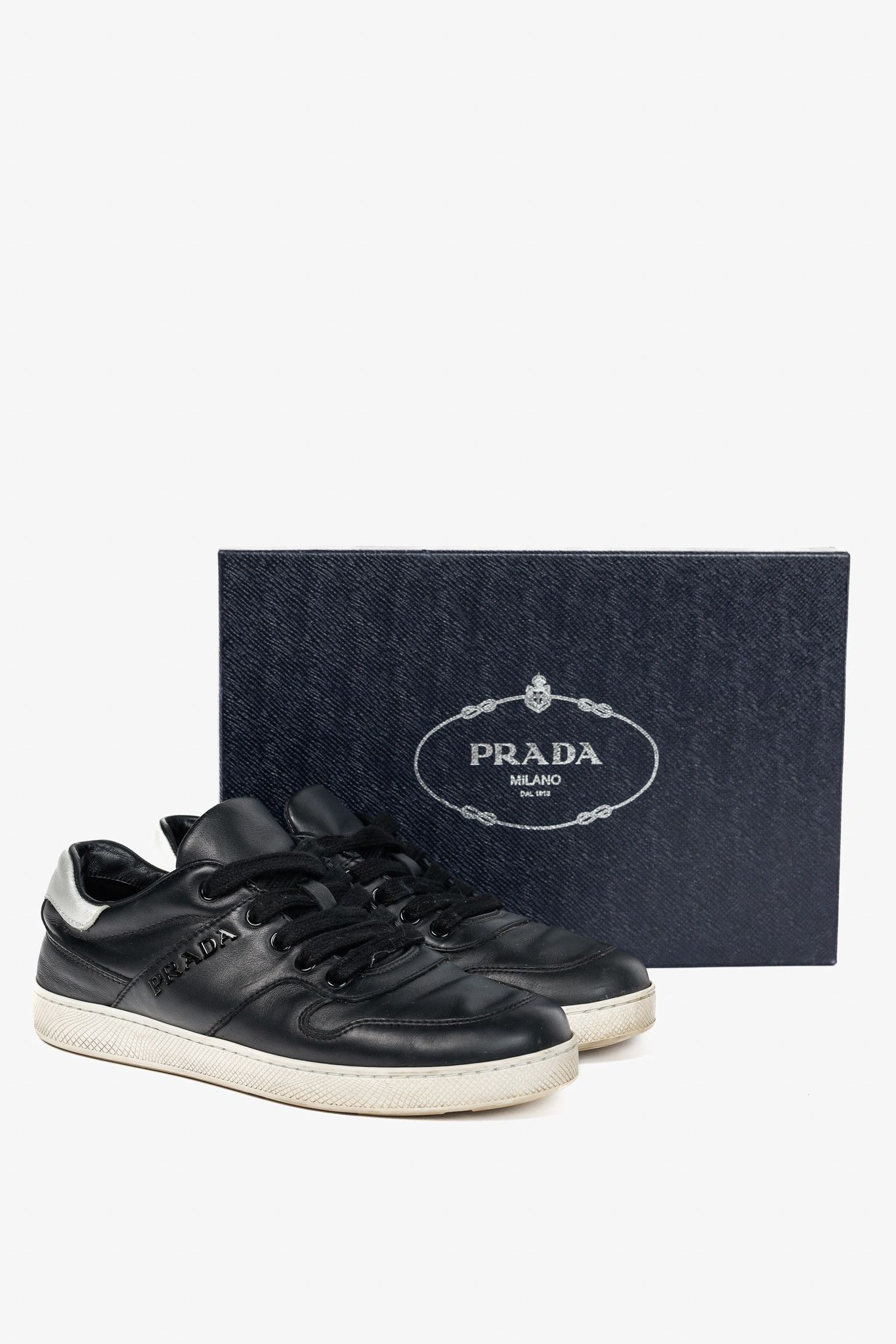 Prada Prada Nero Leather Metallic-Trim Low-Top Sneakers Size US 6.5 / IT 36.5 - 12 Thumbnail