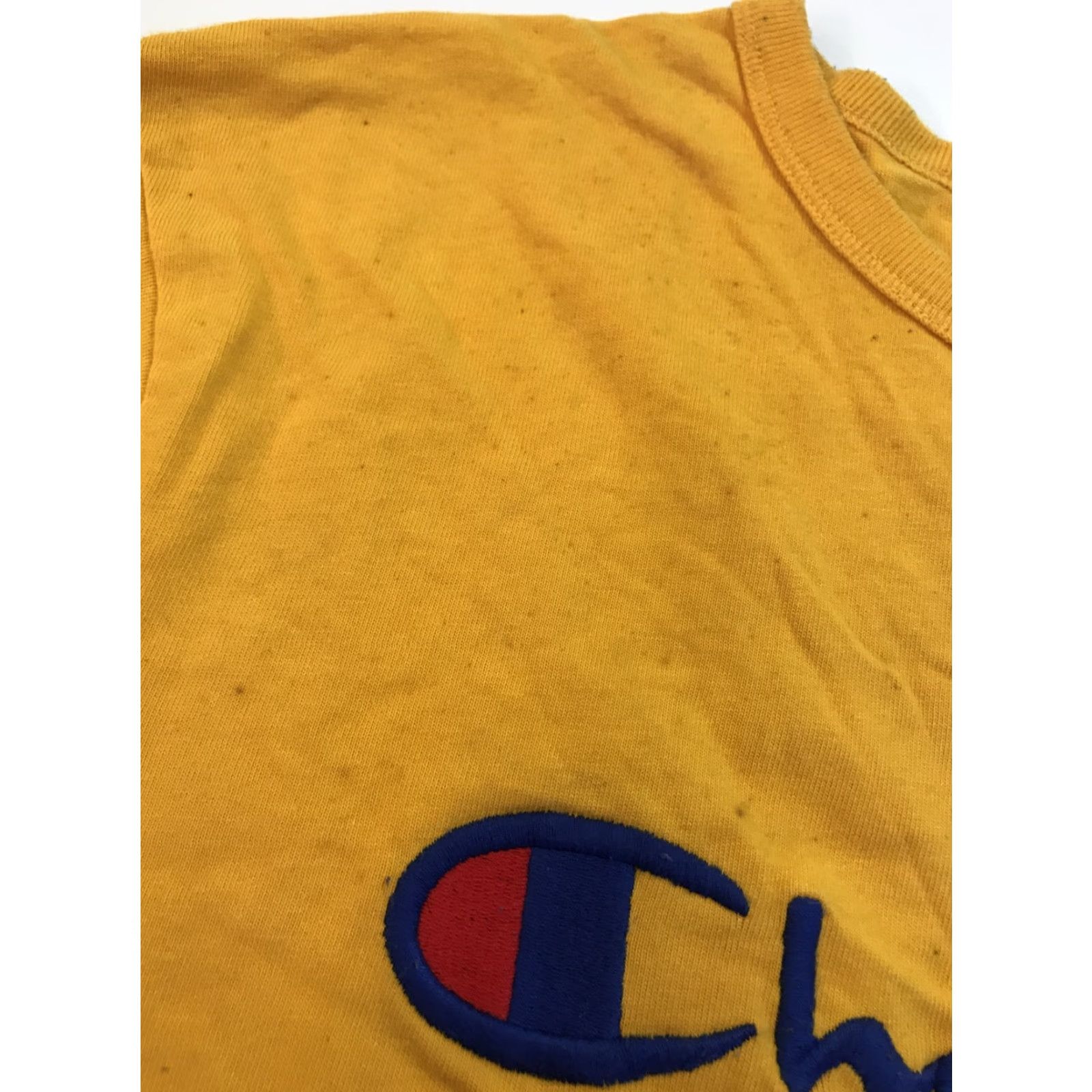 Champion VINTAGE Champion Mens T-Shirt 90s Spell Out Script Embroidered Logo Yellow Large Crew Neck Short Sleeve Graphic Tee Size US L / EU 52-54 / 3 - 6 Thumbnail
