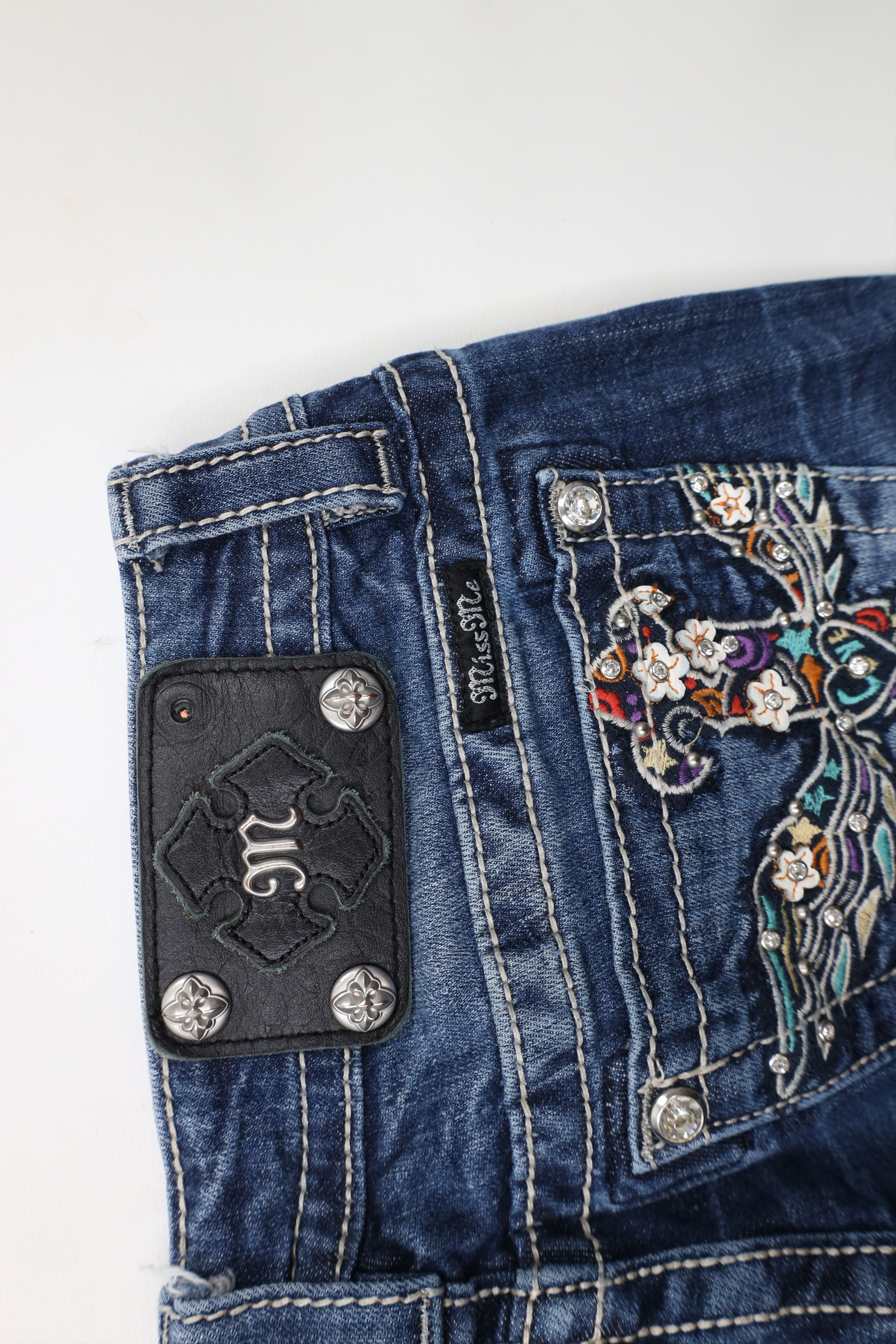 Miss Me × Vintage Miss Me Rainbow Cross Thick Stitch Signature Bootcut Jeans Size 29" - 14 Thumbnail