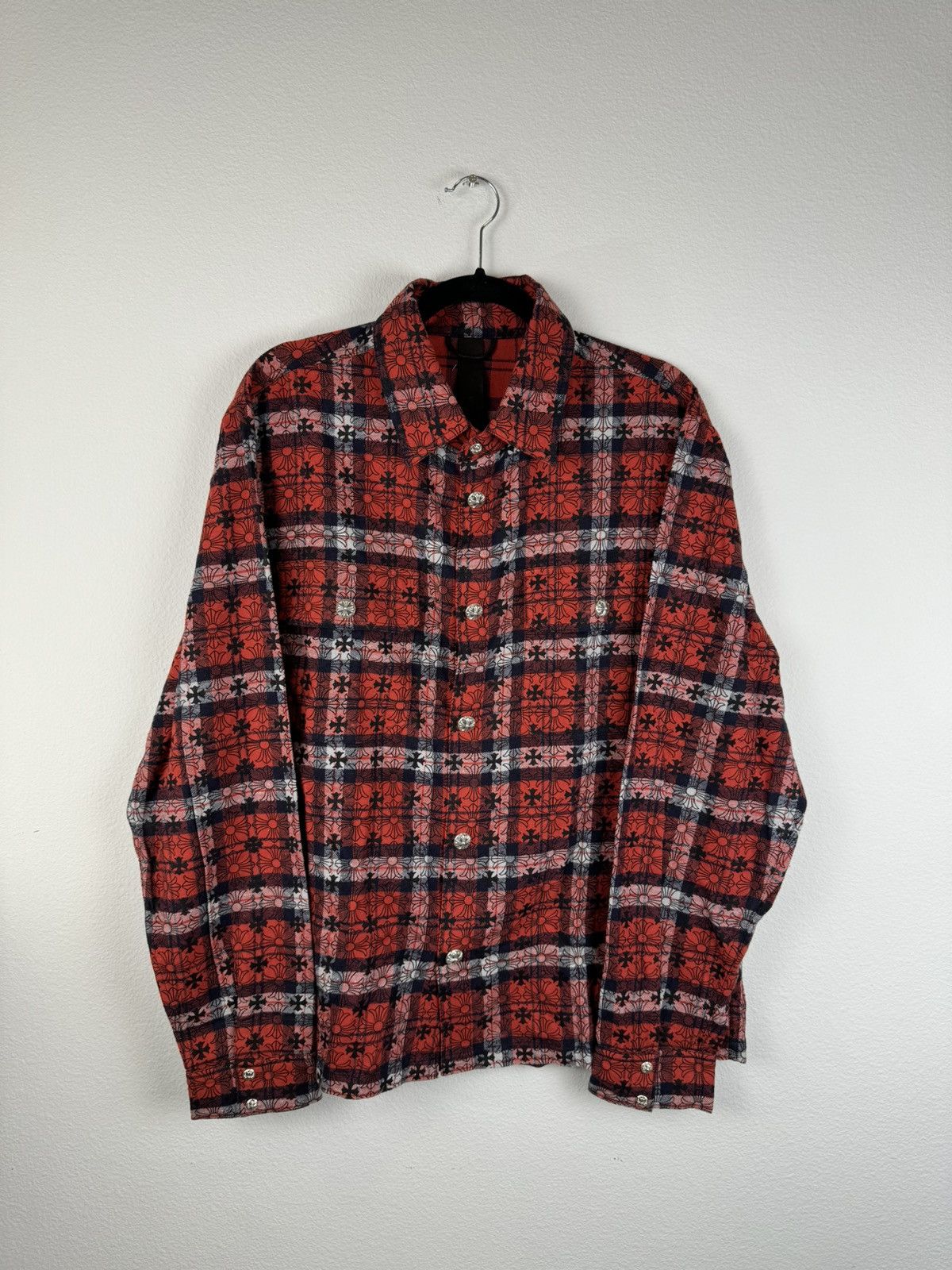 image of Chrome Hearts Work Dog Plaid Monogram Button Up Shirt in Red, Men's (Size Large)