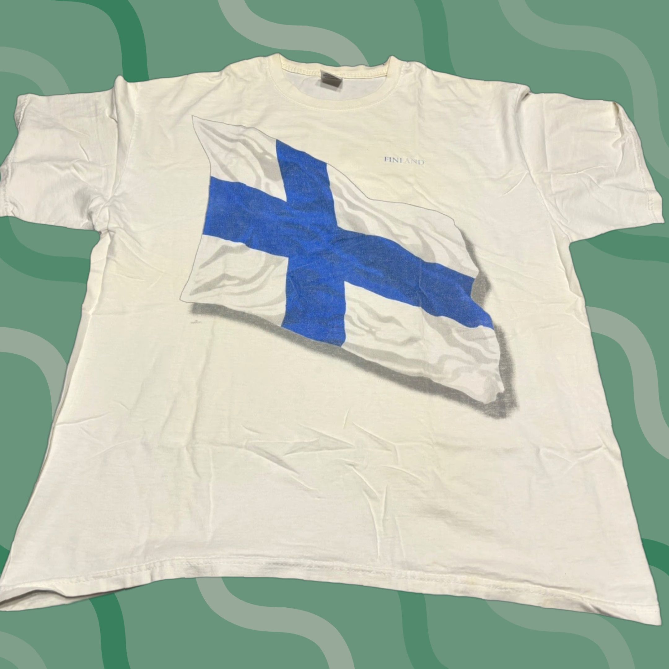 Fruit Of The Loom VINTAGE Finland Flag Tee Shirt XL Unisex Blue Graphic Tee Short Sleeve Cotton F2 Distressed Retro Look Classic Size US XL / EU 56 / 4 - 1 Thumbnail