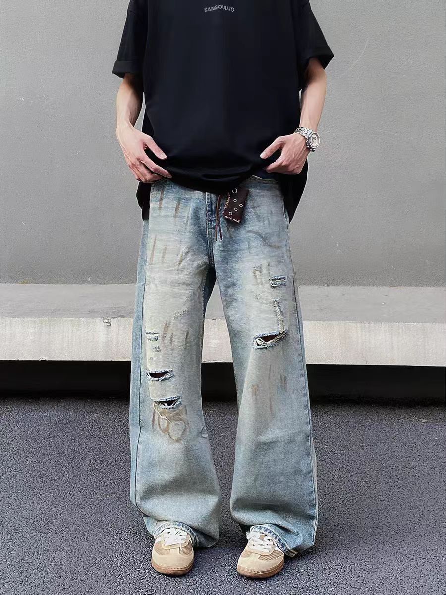 Designer × Jean × Vintage Vintage dirty-dyed graffiti ripped baggy jeans Size US 34 / EU 50 - 3 Thumbnail
