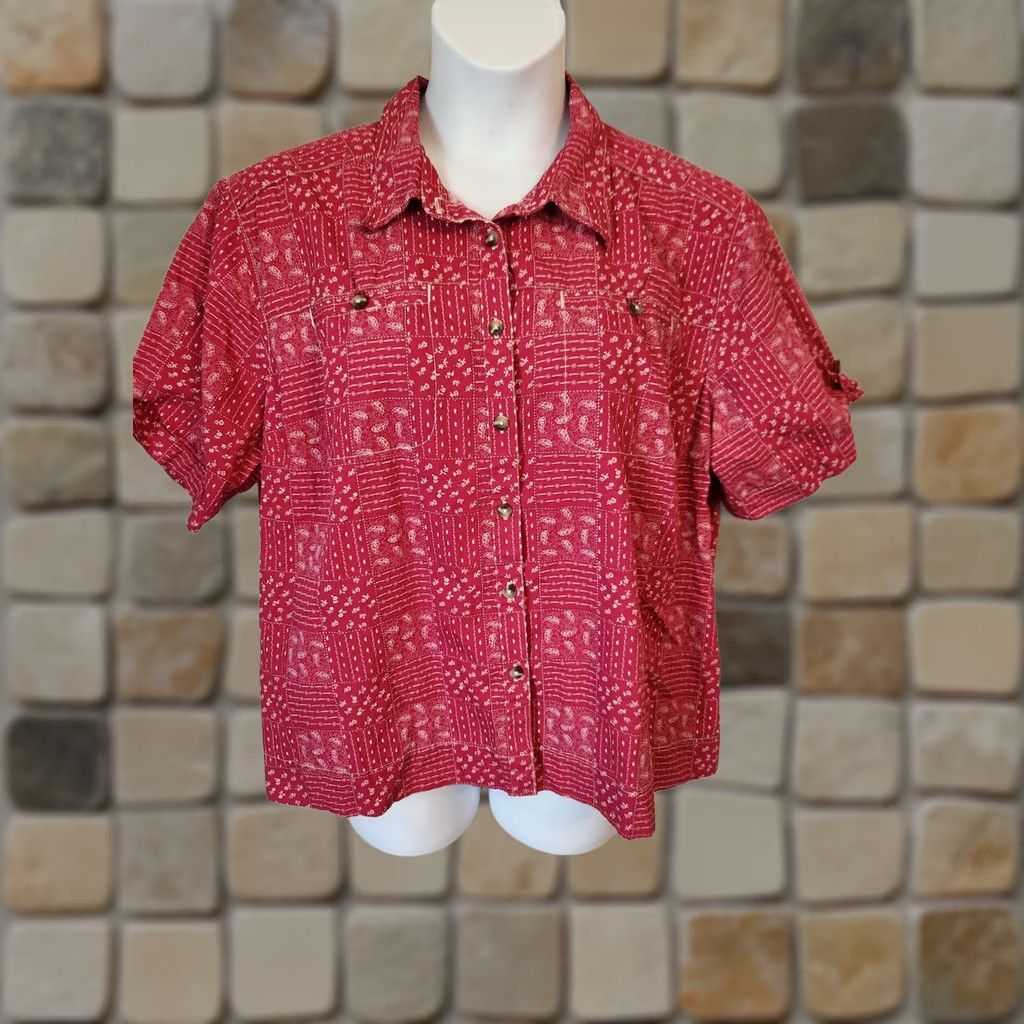 Vintage C.E. Schmidt Workwear Shirt 3X Plus Pink Collared Patchwork Look Short Sleeve Button-Up Women Size XXL / US 16-18 / IT 52-54 - 1 Thumbnail