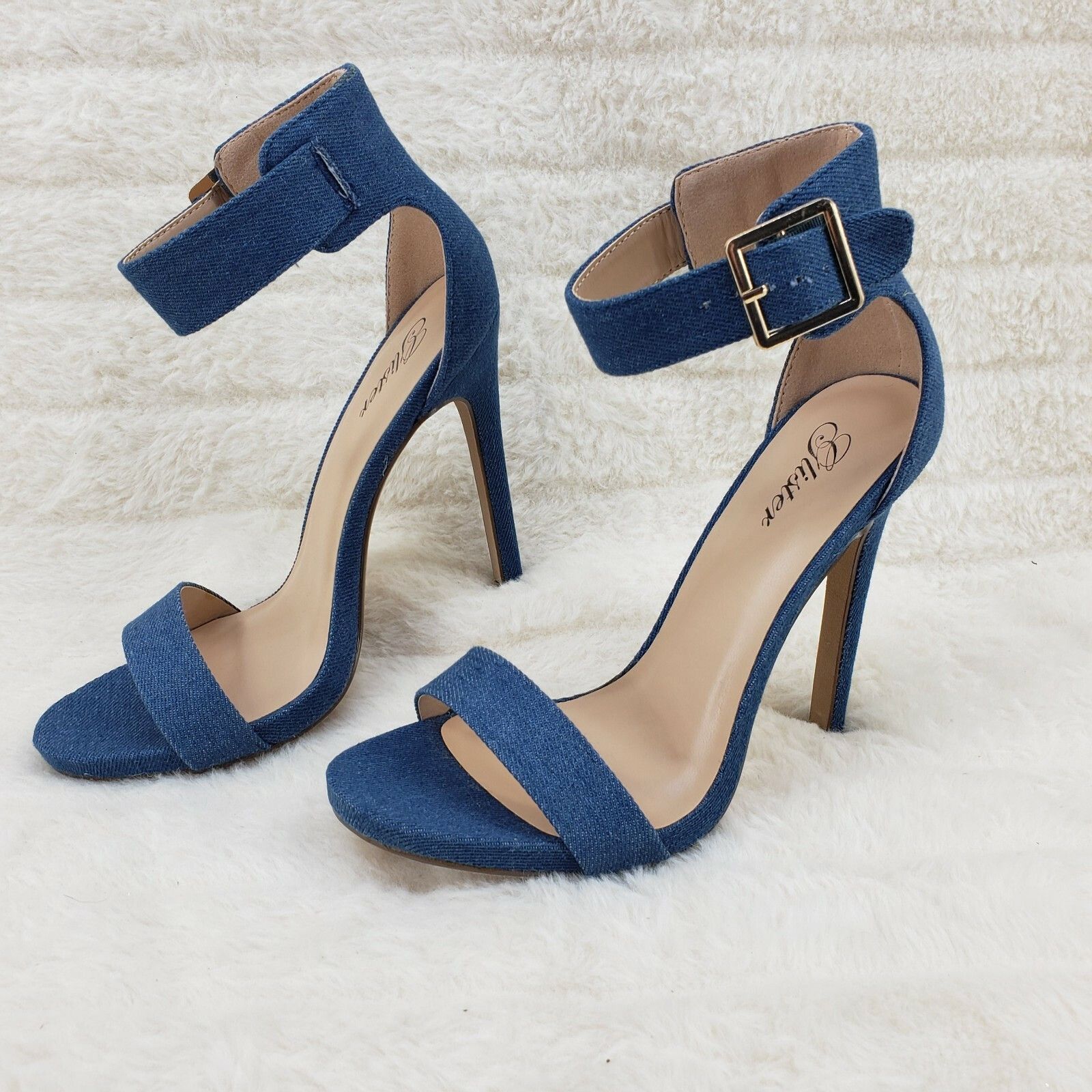 Other Sexy Medium Blue Denim Ankle Strap 4.5" High Heel Shoes Heel Size US 7.5 / IT 37.5 - 1 Thumbnail