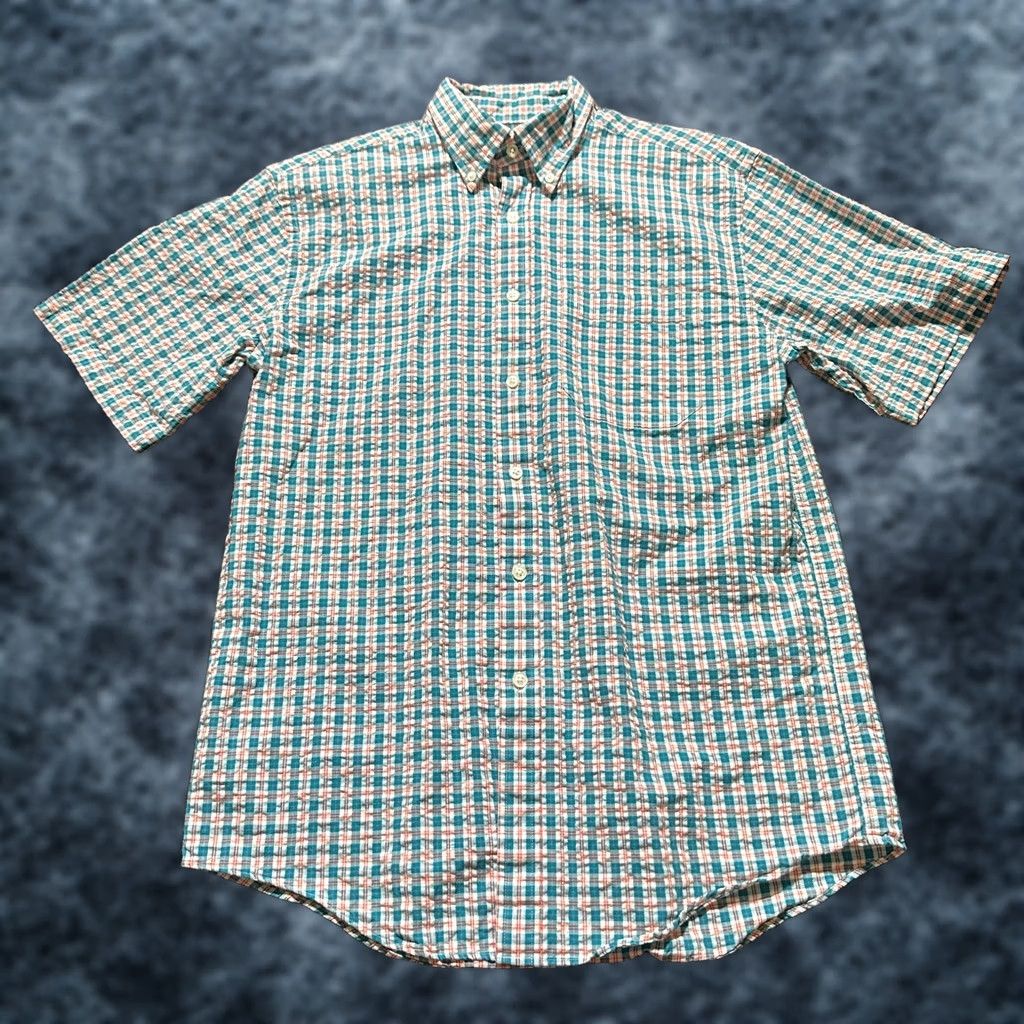 L.L. Bean Shirt Mens Small Blue Seersucker Plaid Short Sleeve Spring Summer, Men's