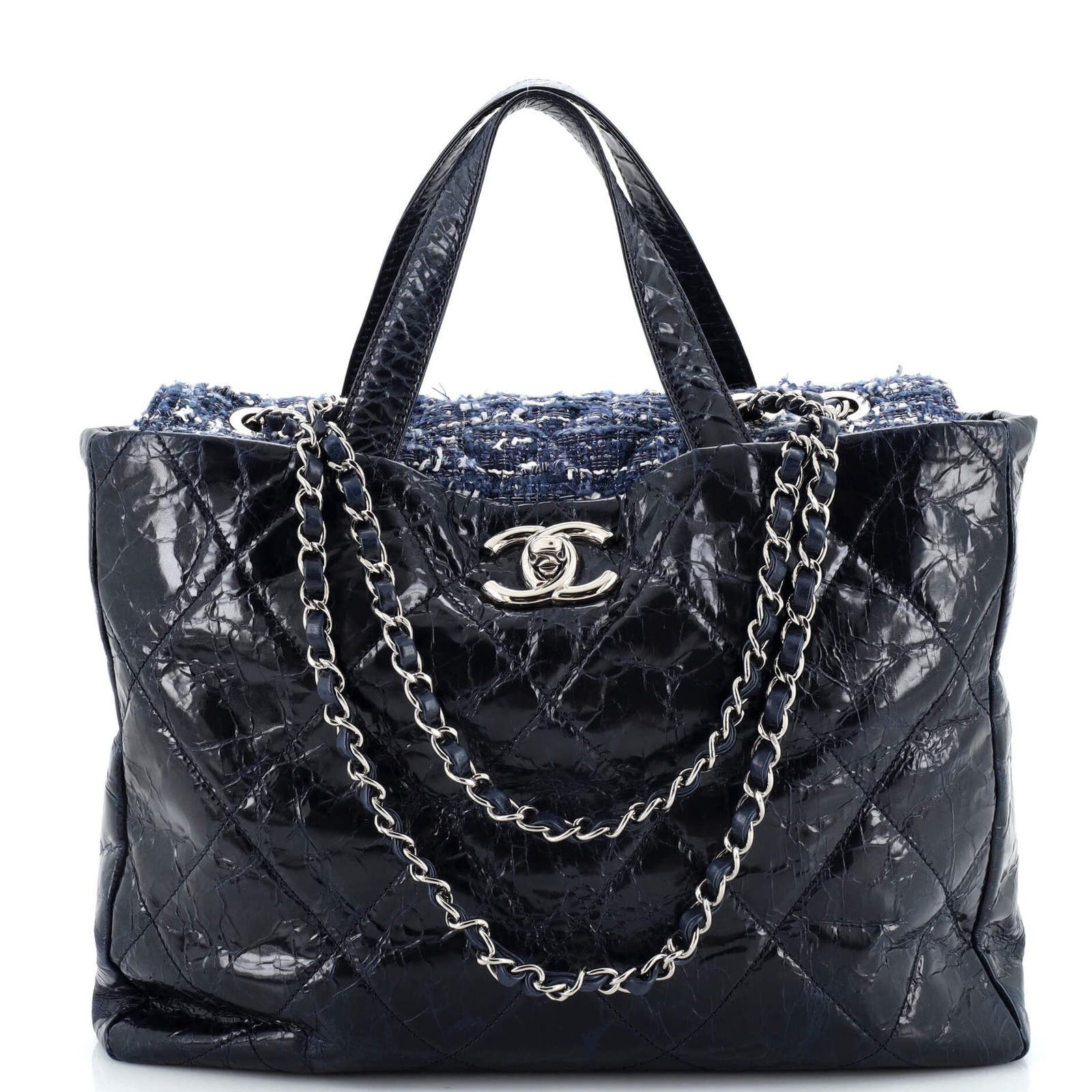 image of Chanel Portobello Tote Quilted Glazed Calfskin And Tweed Medium in Blue, Women's