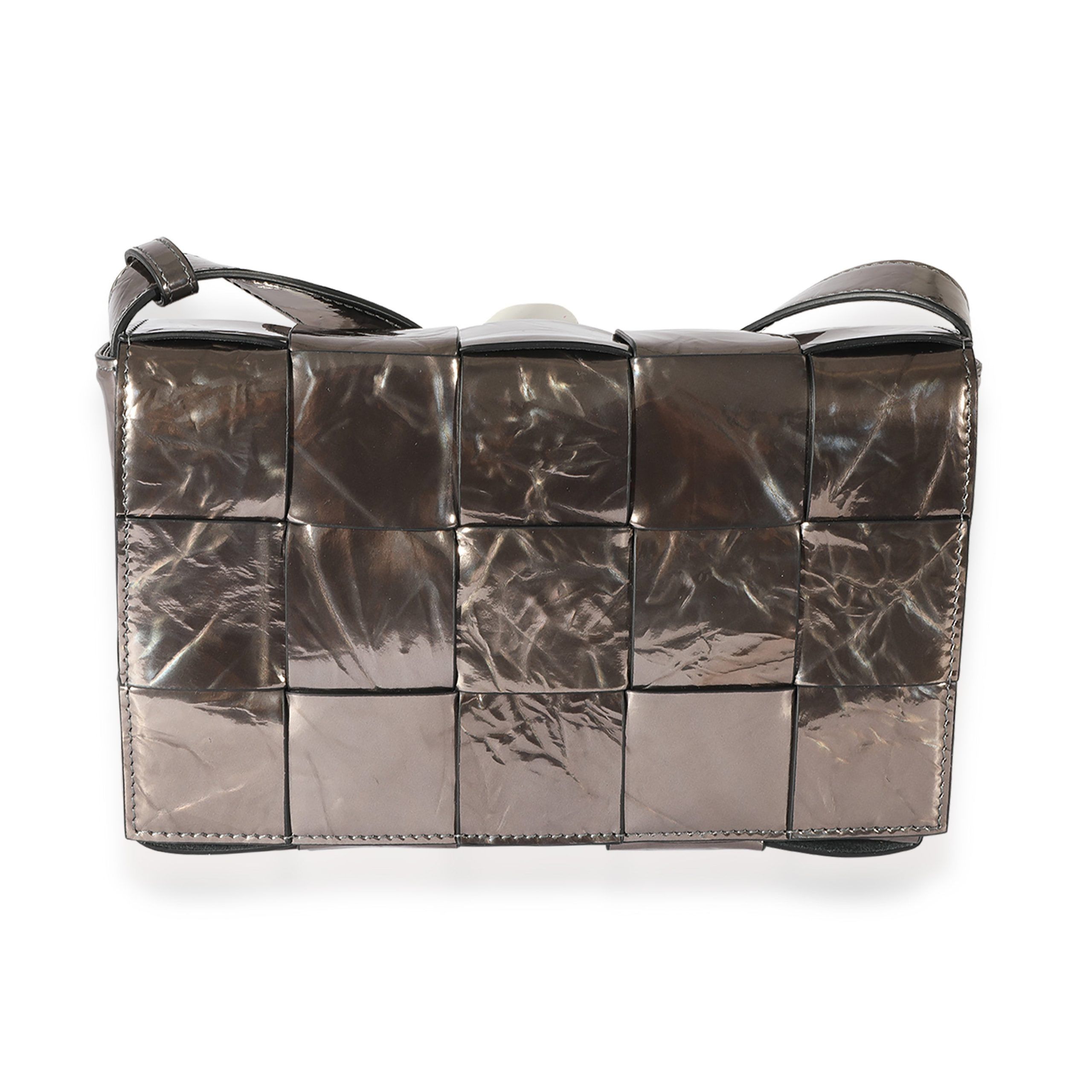 image of Bottega Veneta Intrecciato Leather Cassette Bag Metallic in Silver, Women's
