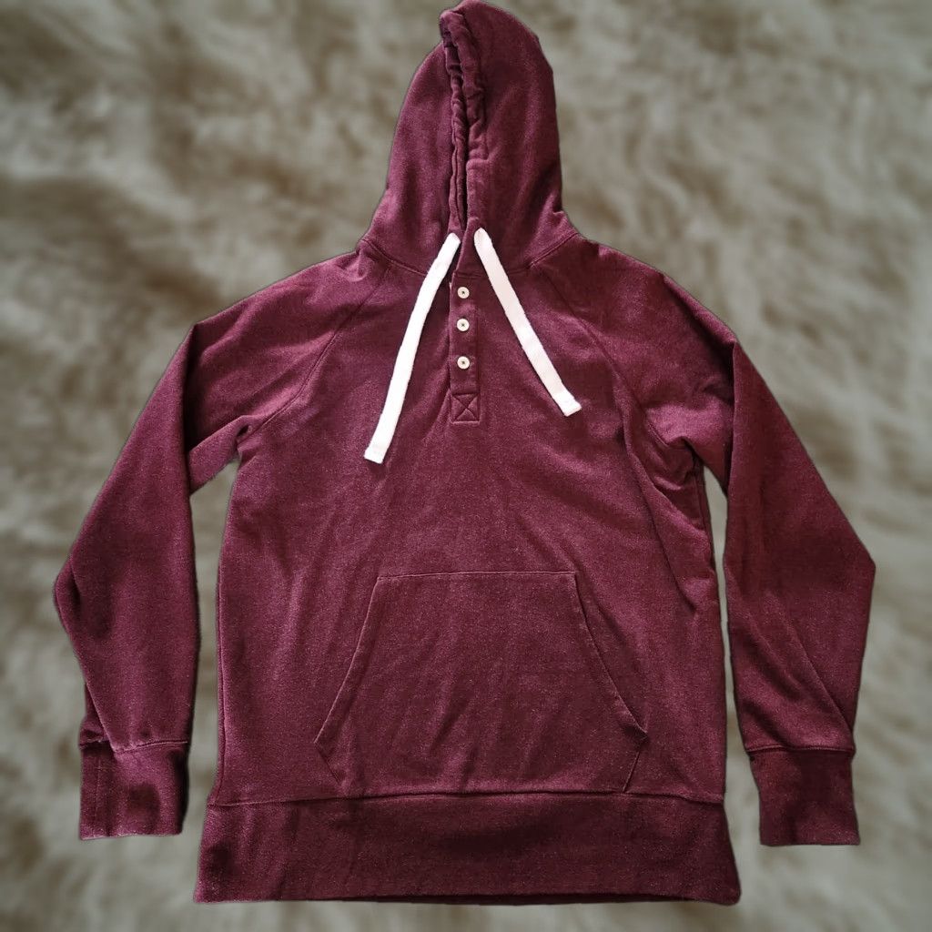 Vintage Normal Brand Henley Hoodie Mens Large Burgundy Red Shirt Hoodie Pullover Pockets Long Sleeve Regular Fit Cotton Polyester Spandex Mens - Size US L / EU 52-54 / 3 - 1 Thumbnail