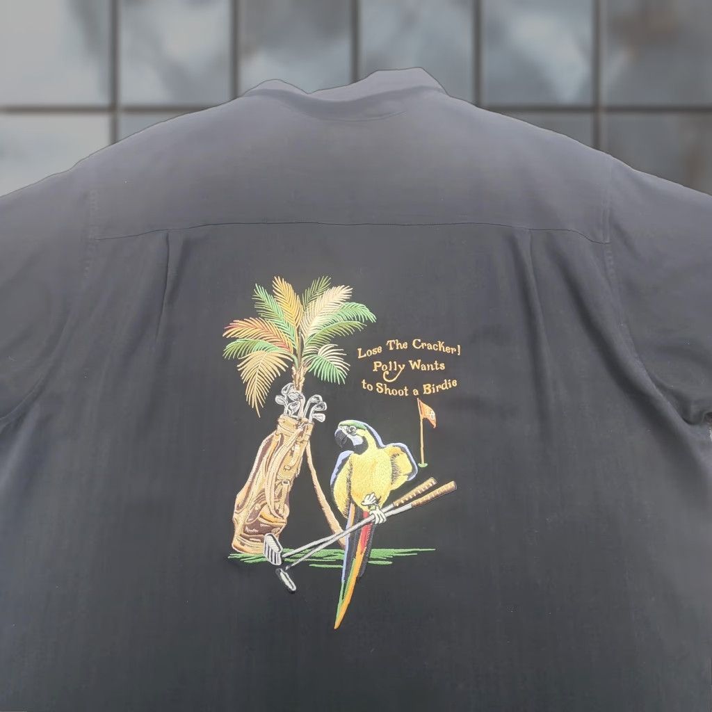 Vintage VINTAGE Luau Shirt Mens XL Black 100% Silk Aloha Camp Embroidered Back Parrot Golf Palm Shirt Size US XL / EU 56 / 4 - 1 Thumbnail