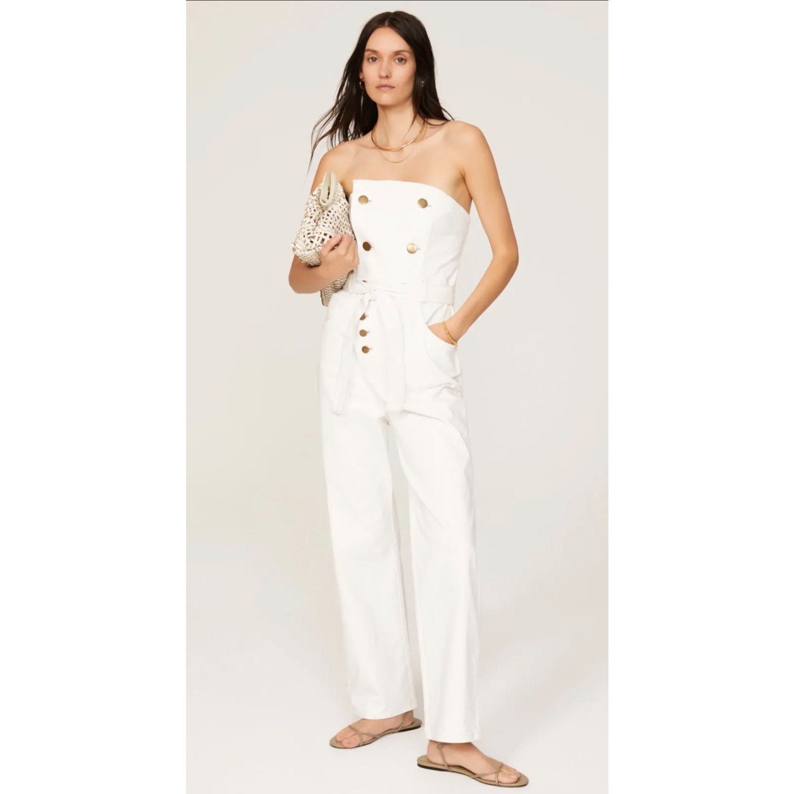 Marissa Webb Marissa Webb Size 8 Denim Jumpsuit White w/ Copper Buttons Size 30" / US 8 / IT 44 - 4 Thumbnail