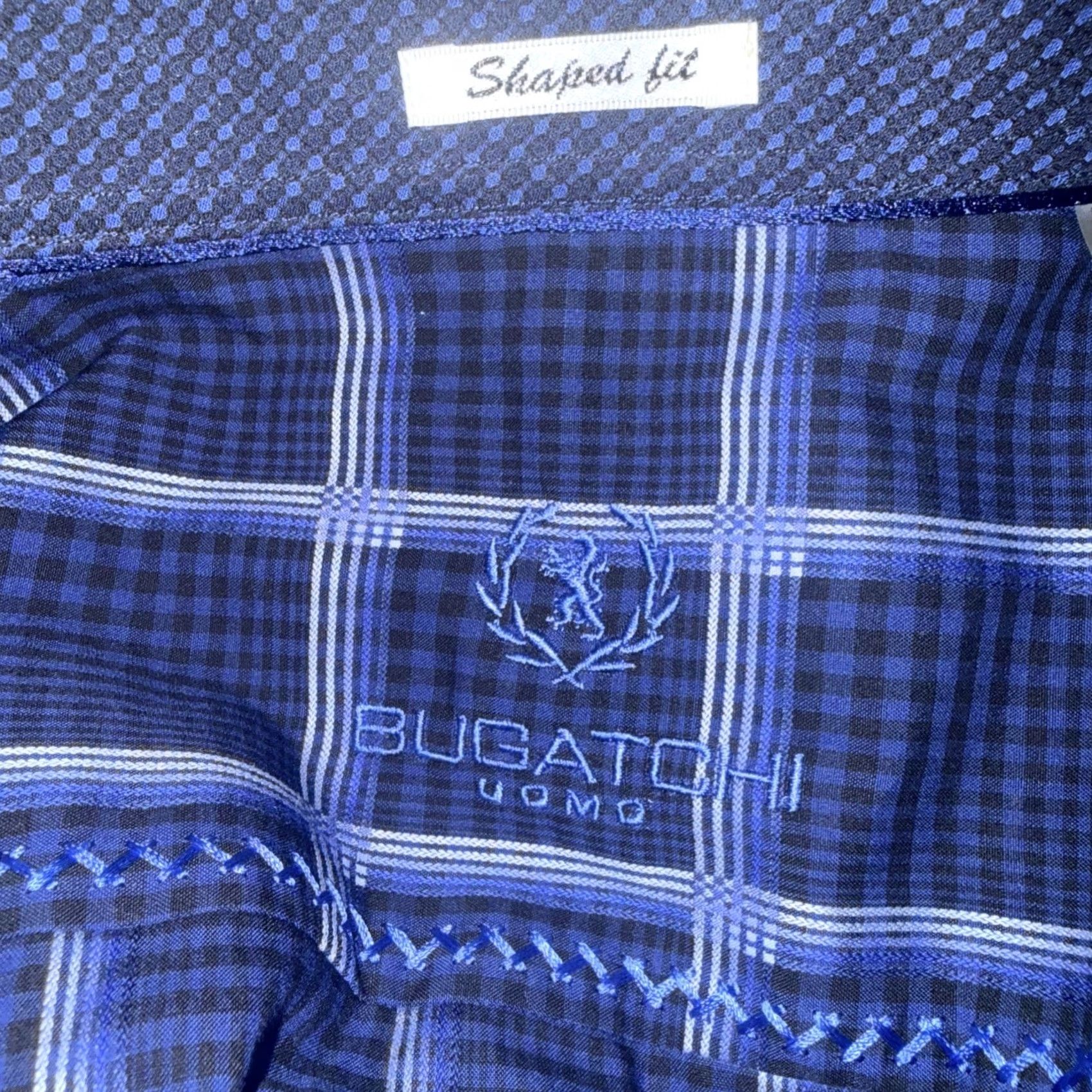 BUGATCHI Bugatchi Shaped Fit Mens Dress Shirt Blue Plaid Long Sleeve Cotton XL Button Size 46R - 3 Thumbnail