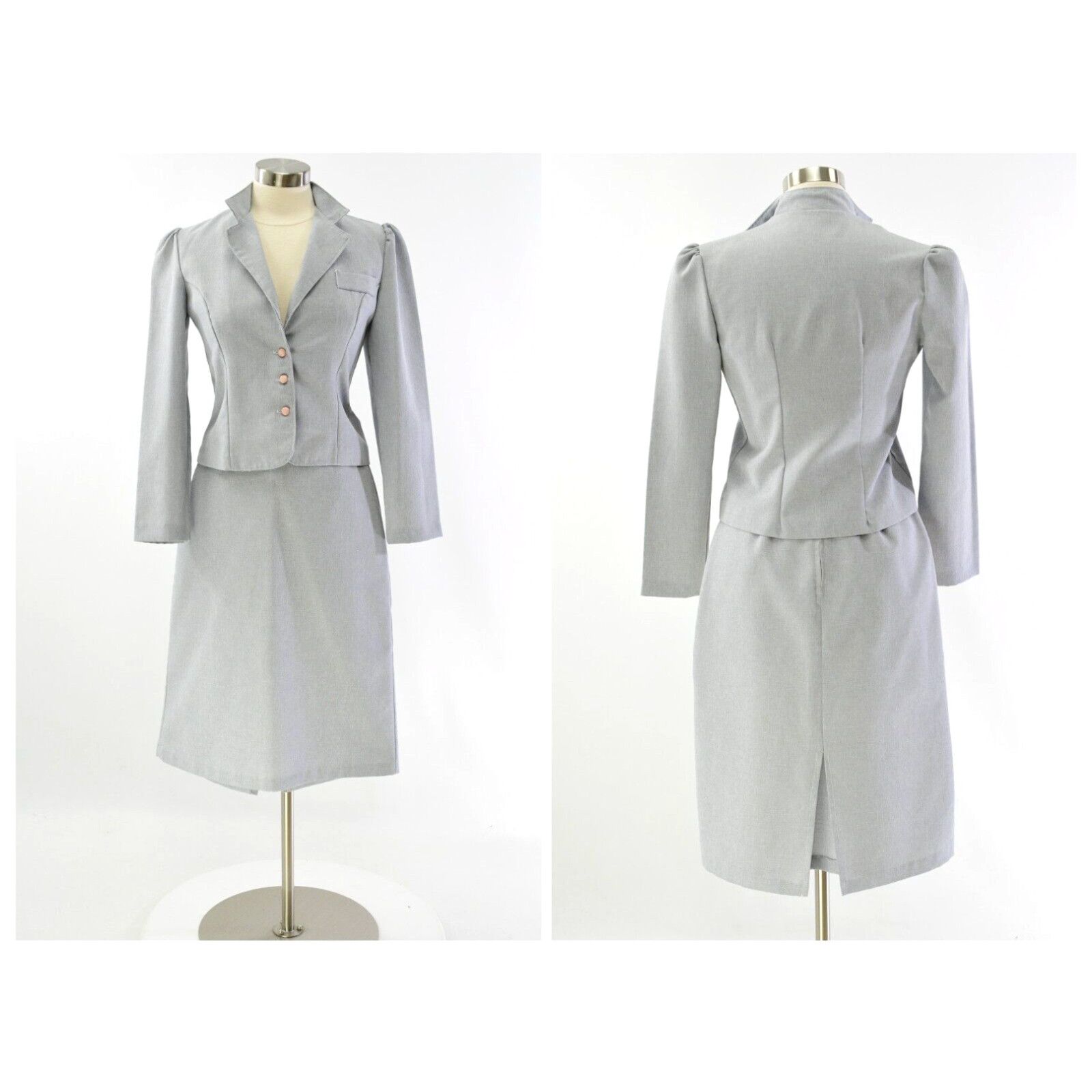 image of 70's Vintage Skirt Suit Womens S Pale Gray 3 Button Blazer A Line Skirt in White