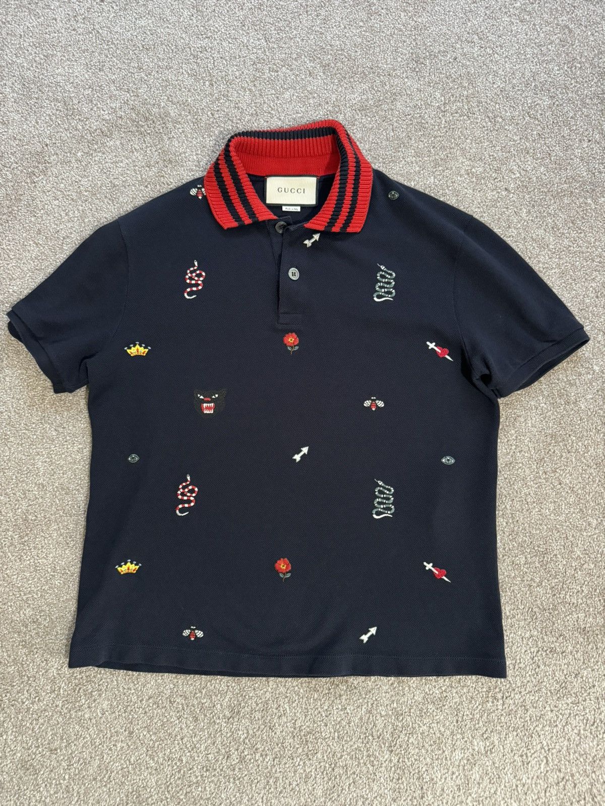 image of Gucci Polo Shirt GG Navy Embroidery Snake Small, Men's