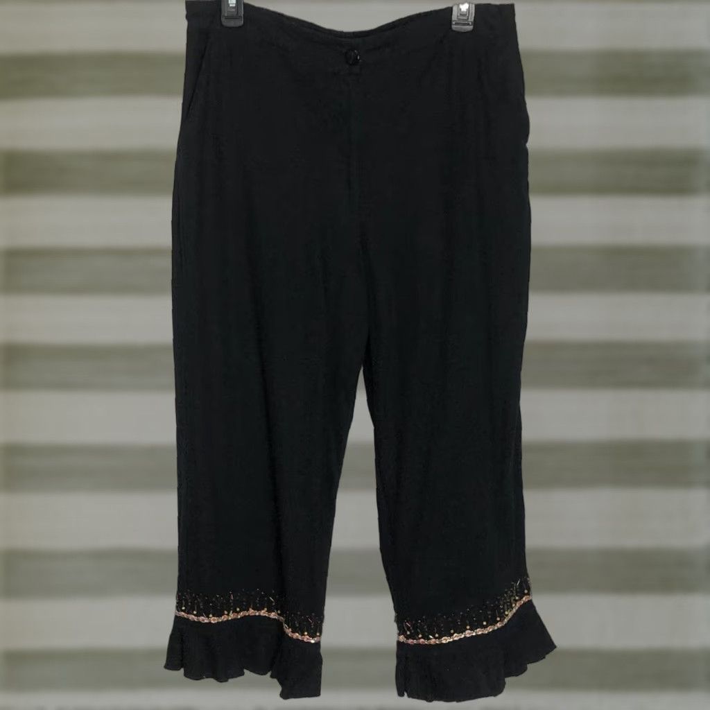 Vintage Hearts Of Palm Pants Cropped Casual Women 14 Black High Rise Beaded Linen Rayon 24in Inseam 32W Stretch Crop Size 24" / US 00 / IT 34 - 1 Thumbnail