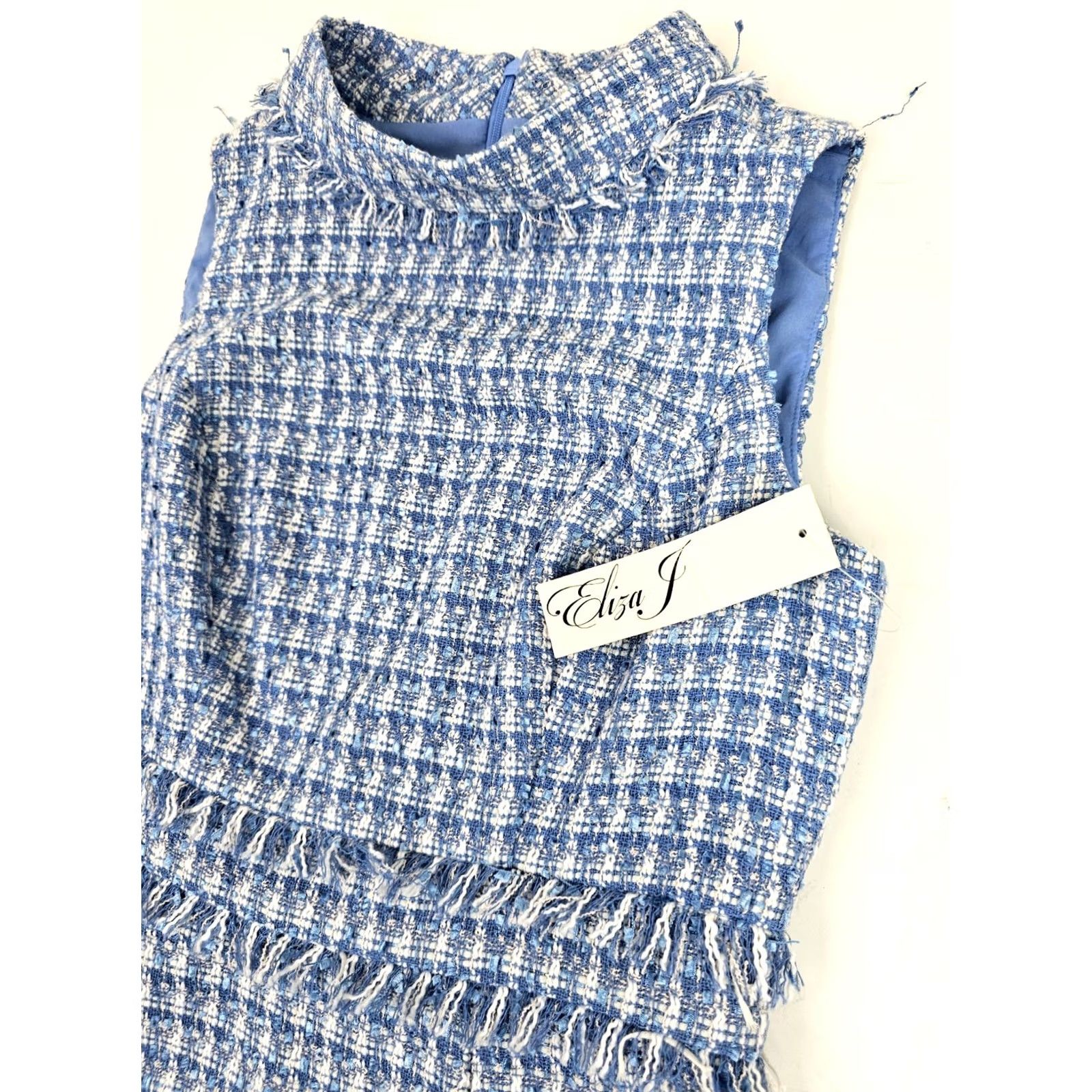 Vintage Eliza J Blue & White Fringe Flare Dress Women 4 NWT Mock Neck Sleeveless Midi Lined Party/Cocktail Floral 34" Length Womens Size S / US 4 / IT 40 - 2 Thumbnail
