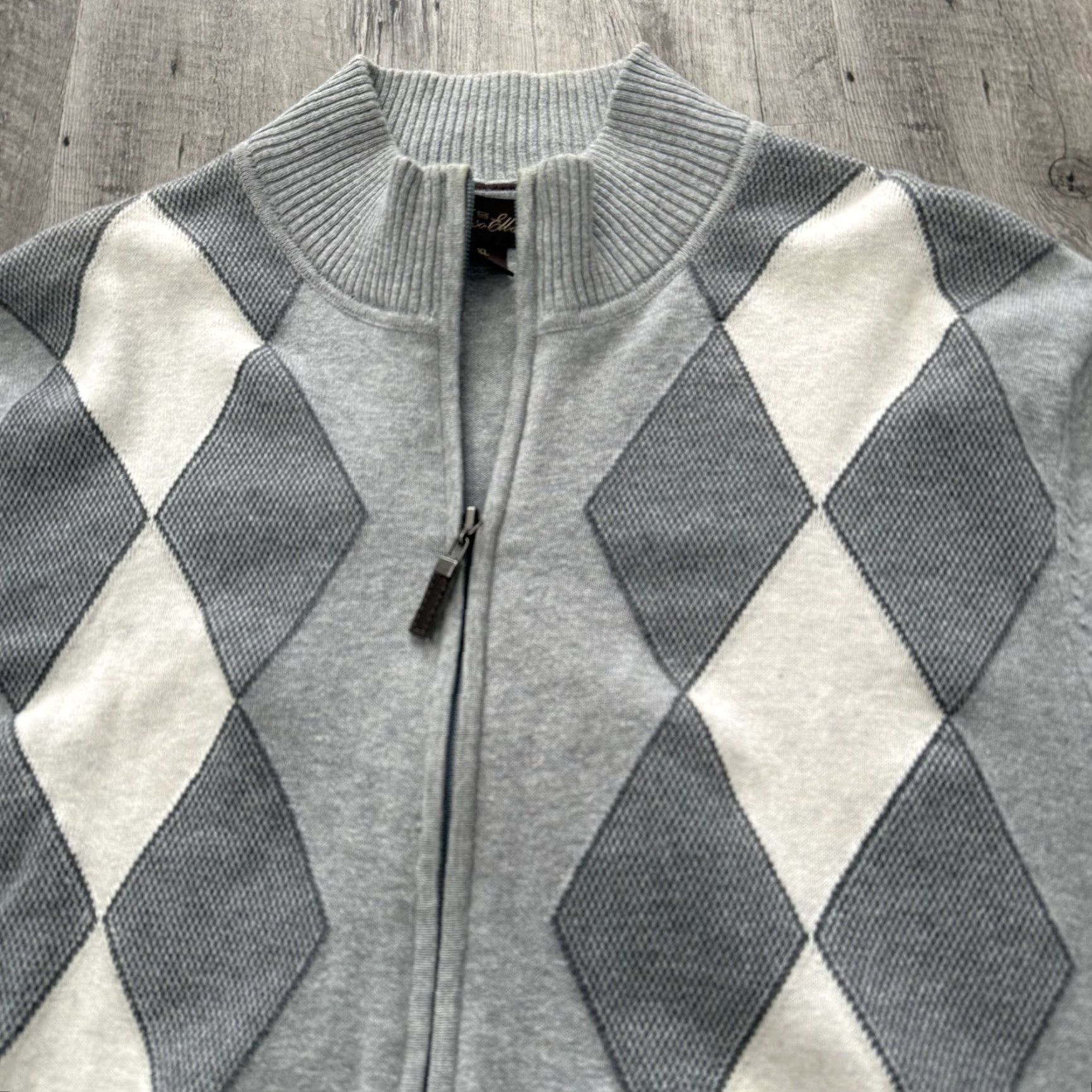 Tasso Elba Tasso Elba Argyle Sweater Mens XL Gray Full-Zip 100% Cotton Lightweight Size US XL / EU 56 / 4 - 7 Thumbnail