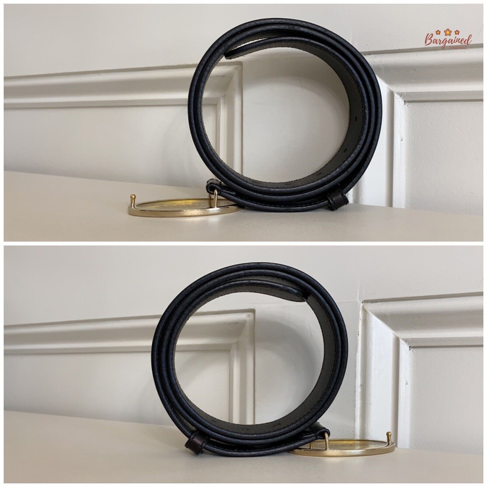 Gucci GUCCI Black Calfskin Leather Gold Script Oval Buckle Belt Size 32 - 3 Thumbnail