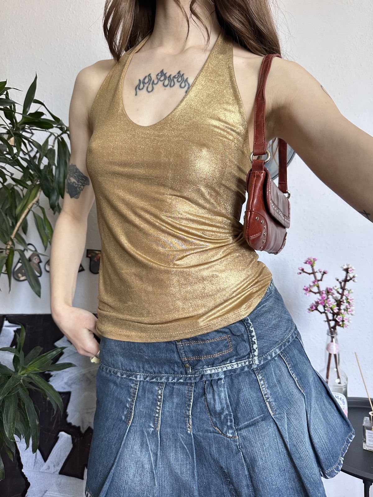 Seditionaries × Vintage Sexy Halter Glitter Gold Knit Y2K Archival Top Size M / US 6-8 / IT 42-44 - 1 Thumbnail