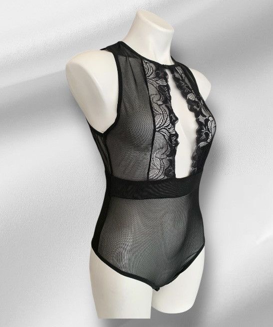 Designer NWT Black Mesh One Piece Bodysuit Lingerie Embroidered Lace Size M / US 6-8 / IT 42-44 - 4 Thumbnail