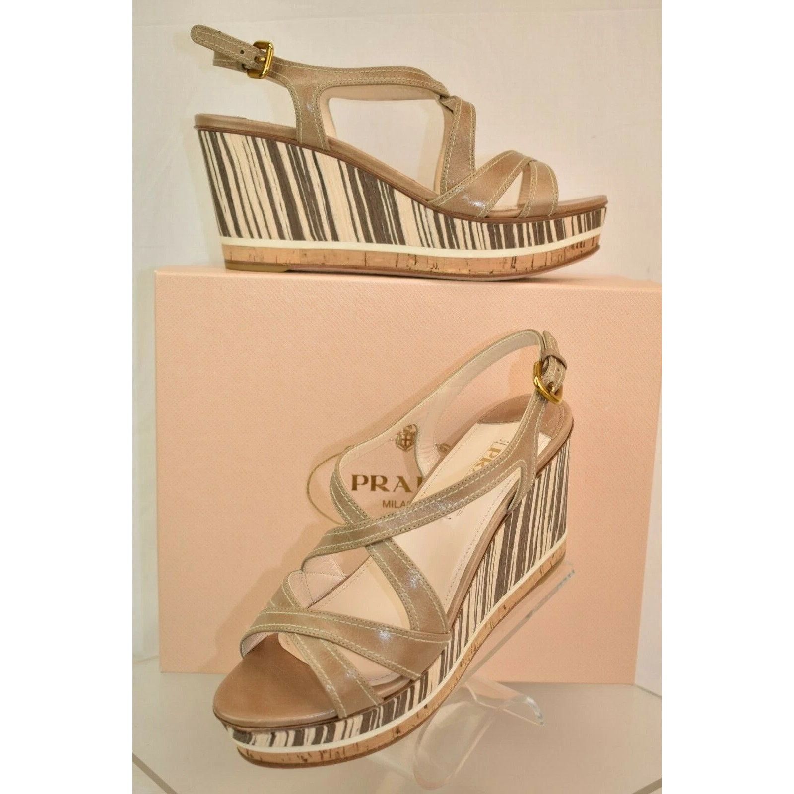 Prada PRADA 1XZ BEIGE BROWN LEATHER WEDGE PLATFORM SANDALS 40.5 IT Size US 10.5 / IT 40.5 - 1 Thumbnail