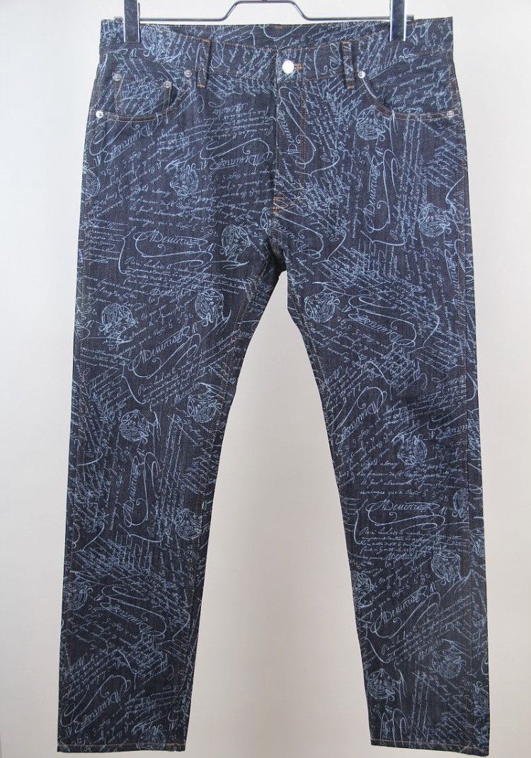 Image of Berluti Scritto Cotton All Over Monogram Print Denim Jeans in Blue, Men's (Size 38)