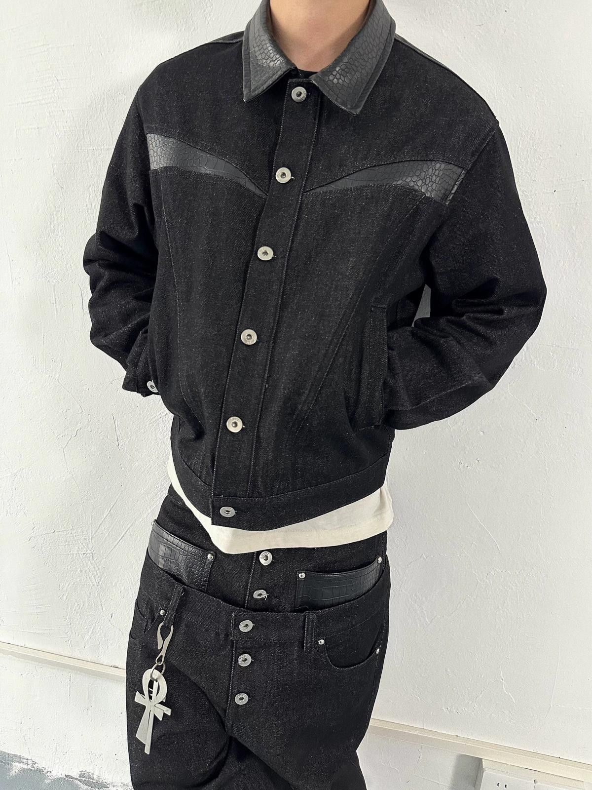 Leather Raw Denim PU-Collar Workwear Jacket | Short Boxy Size US M / EU 48-50 / 2 - 2 Thumbnail