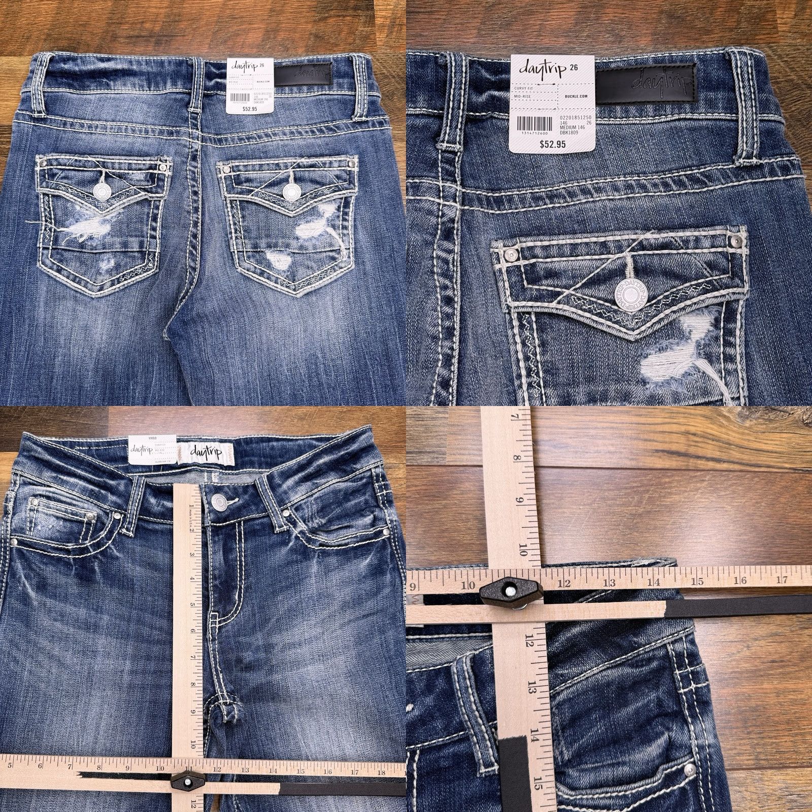 Vintage Daytrip Jeans Womens 26 Curvy Fit Mid Rise Stretch Denim Zip Button 5-Pocket Distressed Blue 26 in Inseam 21 Cropped Size 26" / US 2 / IT 38 - 8 Thumbnail