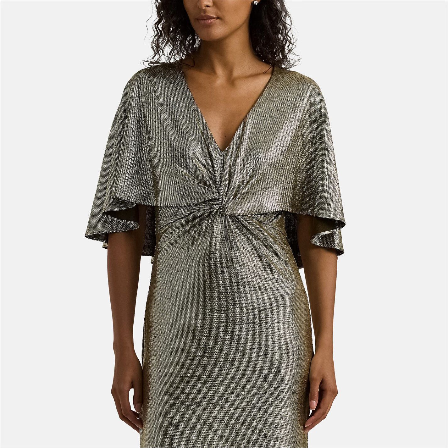 Lauren Ralph Lauren o1g2r1mq0825 Metallic Knit Twist-Front Cape Gown Green/Gold Size XS / US 0-2 / IT 36-38 - 2 Thumbnail