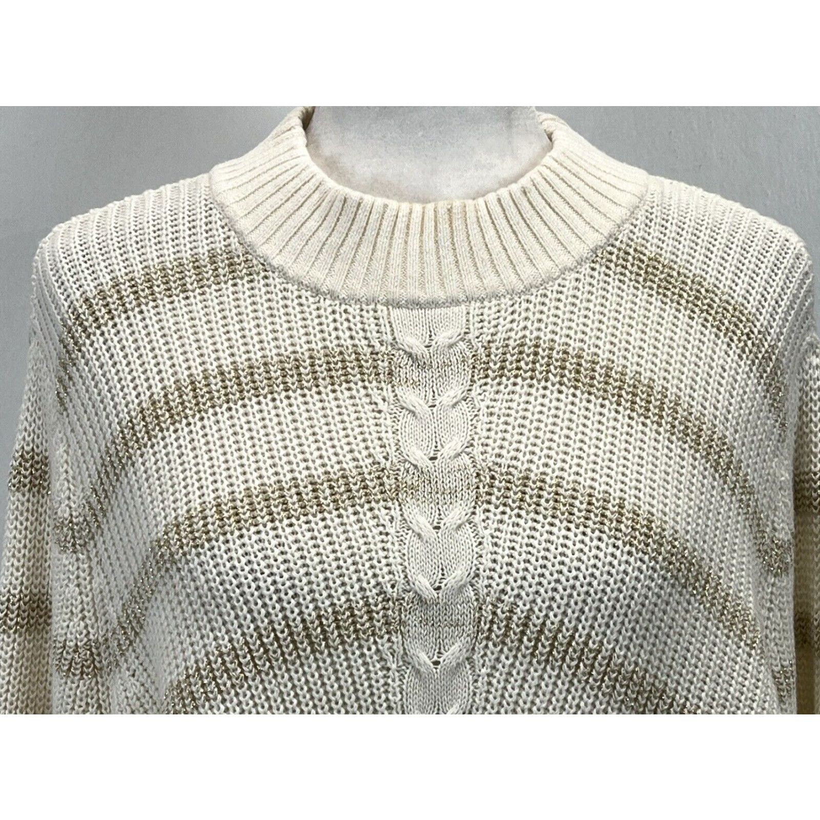 Talbots NEW Talbots Plus Size 2X Knit Sweater Long Sleeve Ivory Gold Stripes Womens Coastal Size XXL / US 16-18 / IT 52-54 - 5 Thumbnail