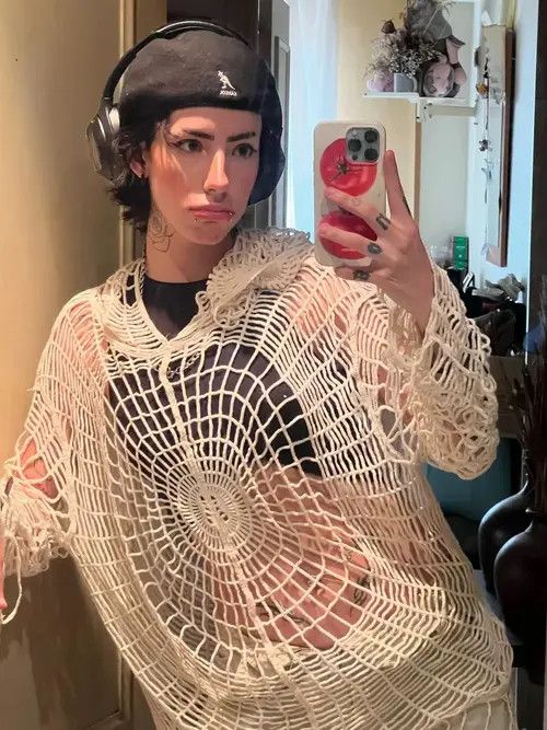 VIBE Y2K Spider Web with Holes Hooded Pullover Knitted Sweater Size US XL / EU 56 / 4 - 6 Thumbnail