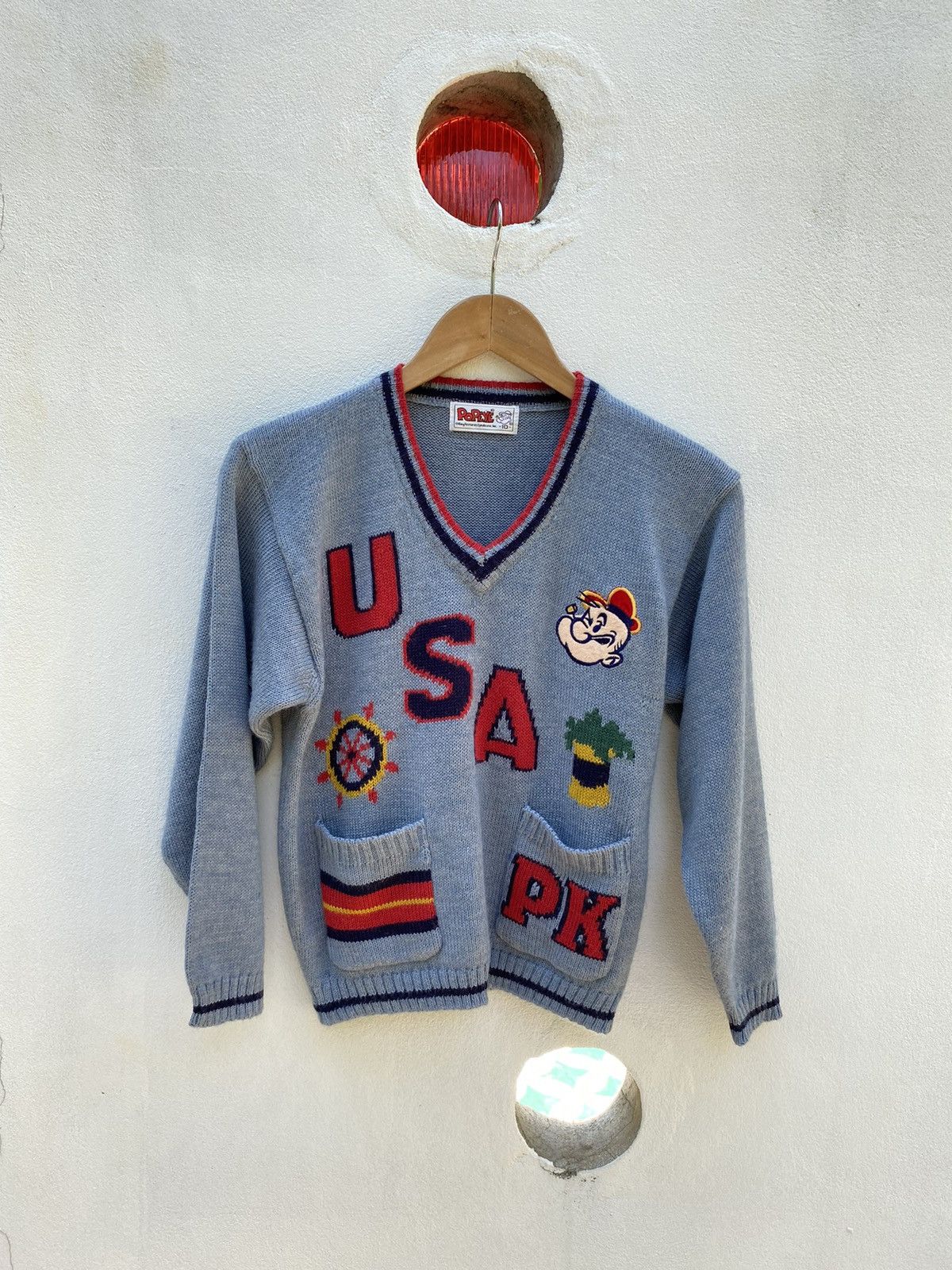 Designer × Vintage POPEYE Gray V-Neck Sweater Size L / US 10 / IT 46 - 1 Thumbnail