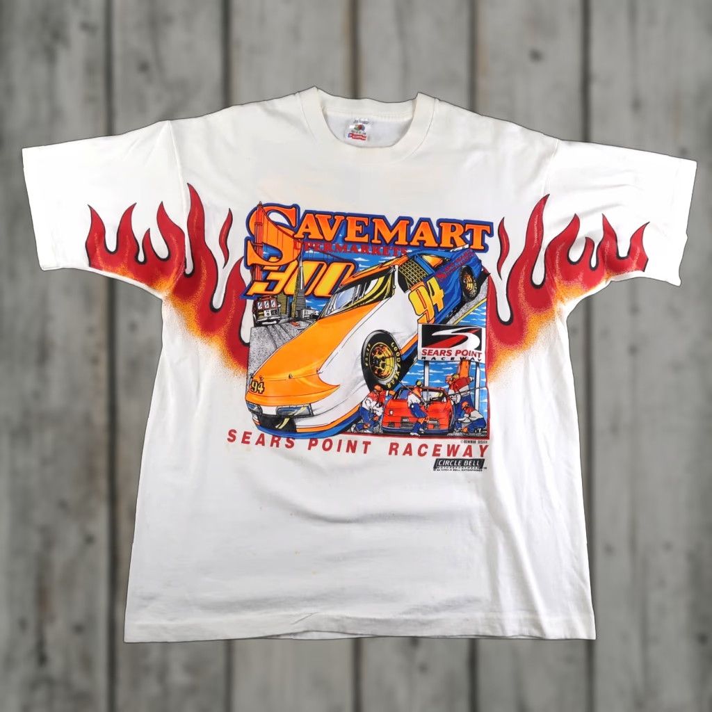 Fruit Of The Loom VINTAGE 1994 90s Flame Save Mart 300 T-Shirt Men XL White Circle Bell Nascar Graphic Print Size US XL / EU 56 / 4 - 1 Thumbnail