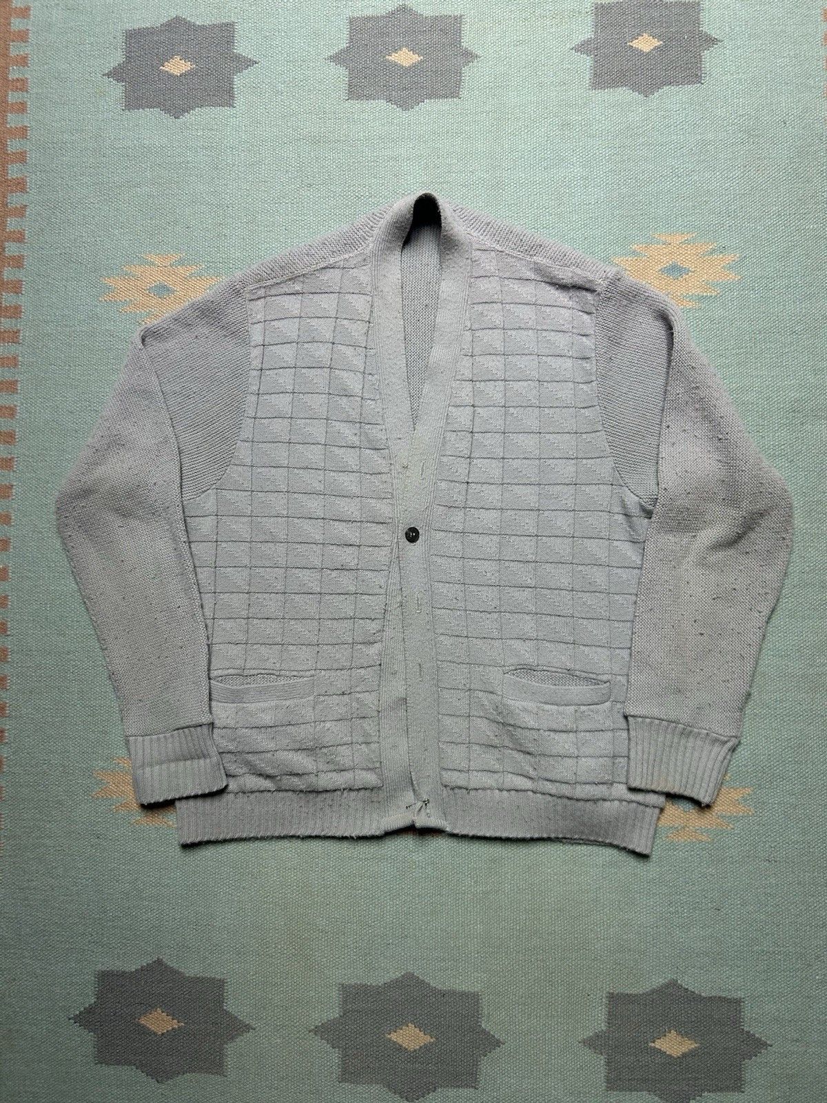 Vintage 70s knit cardigan sweater wool blend windowpane AS IS Large Size US L / EU 52-54 / 3 - 1 Thumbnail