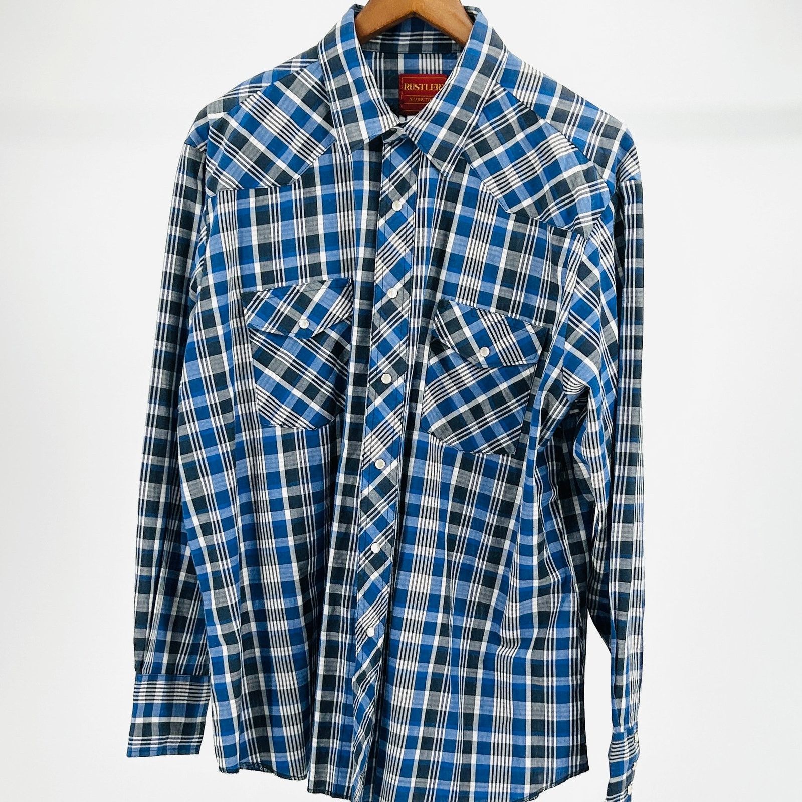 Rustler Blue Black Plaid Cotton Blend Western Pearl Snap Shirt Size US XL / EU 56 / 4 - 1 Thumbnail