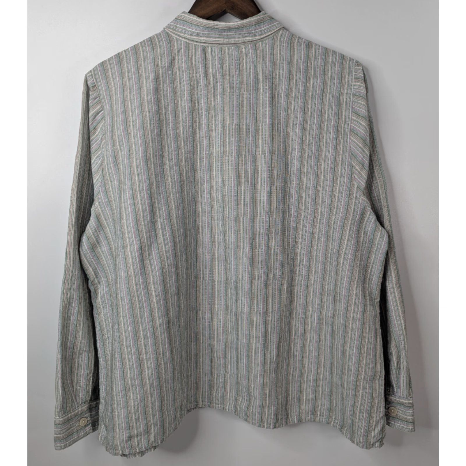 Vintage C.J. Banks By Christopher & Banks Women's Button-Up Shirt Striped Long Sleeve 1X Green Cotton Linen Casual Collar Size XL / US 12-14 / IT 48-50 - 5 Thumbnail