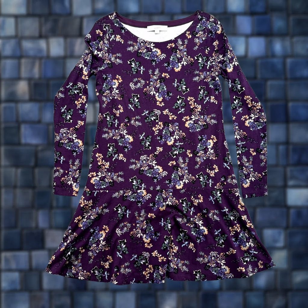 Loft LOFT Women's Purple Floral Long Sleeve Shirt Dress XS Size XS / US 0-2 / IT 36-38 - 1 Thumbnail