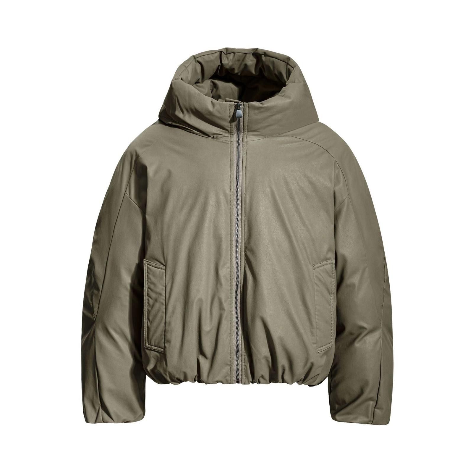 Olive Green Puffer Jacket Cropped Warm Outerwear