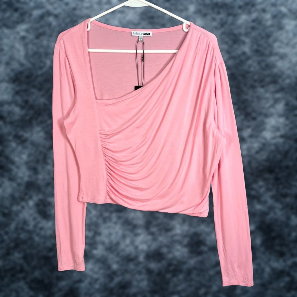 Fashion Nova VINTAGE Fashion Nova Top Womens 1X Pink Cropped Long Sleeve Ruched SolidNY Size XL / US 12-14 / IT 48-50 - 1 Thumbnail