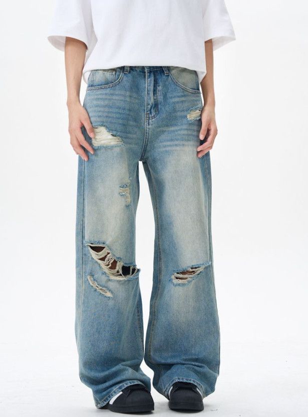 Vintage Men's washed straight loose ripped whisker baggy jeans Size US 32 / EU 48 - 3 Thumbnail