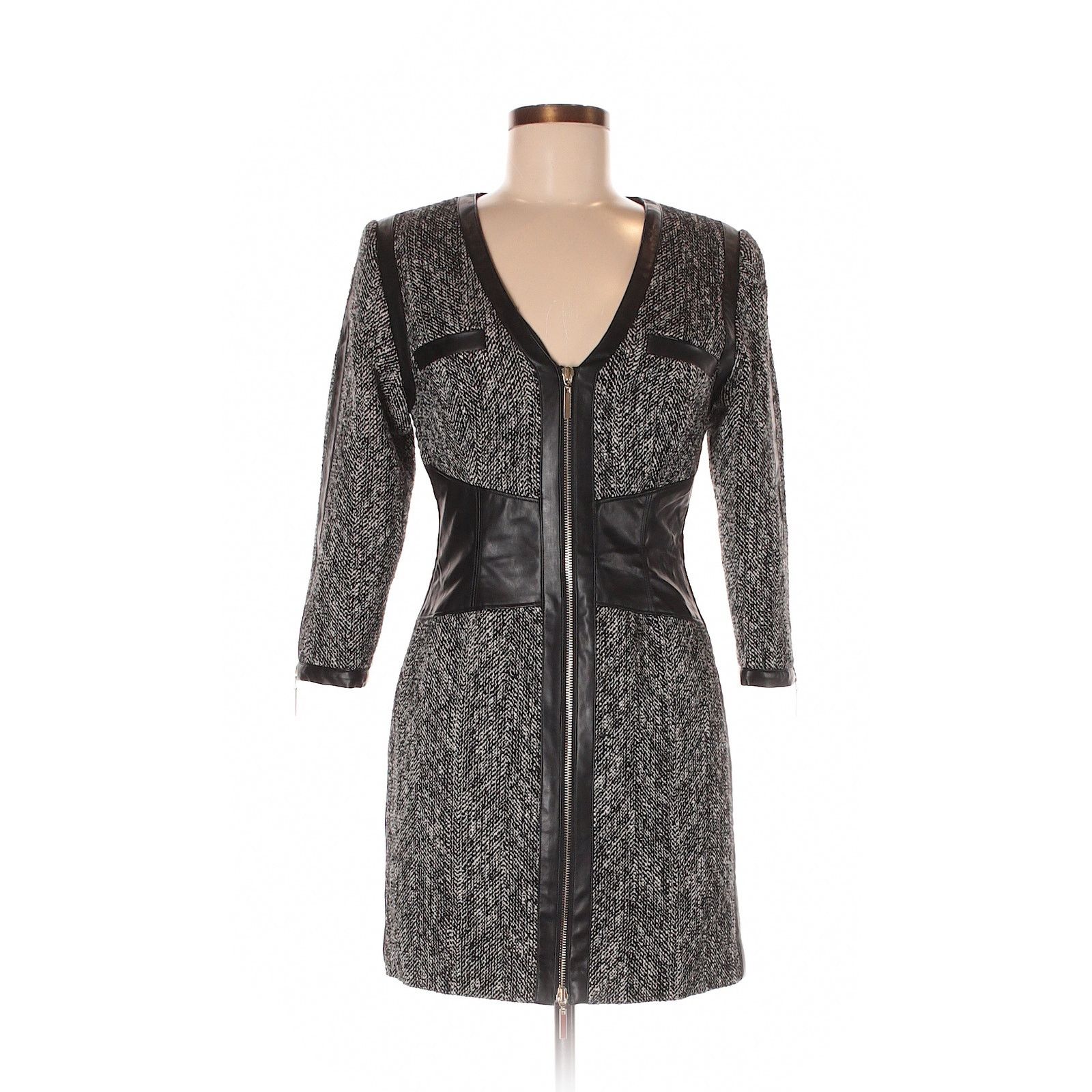 image of Mariano Marciano B&w Tweed Leather V-Neck Corset Cocktail Dress - 6 in Black, Women's (Size Medium)