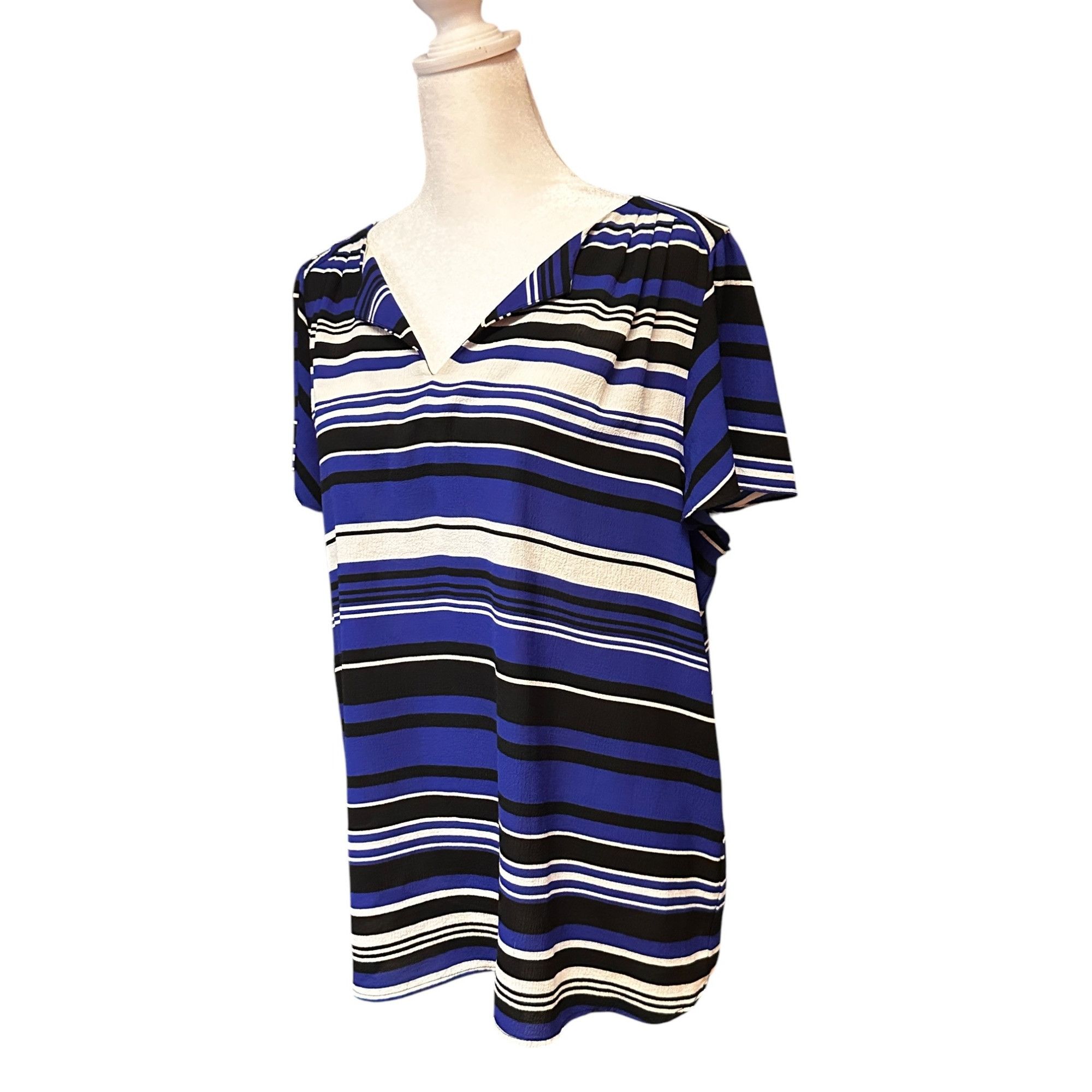 Other Elle Womens Striped Short Sleeve Top Large Blue & Black Poly Size L / US 10 / IT 46 - 2 Thumbnail