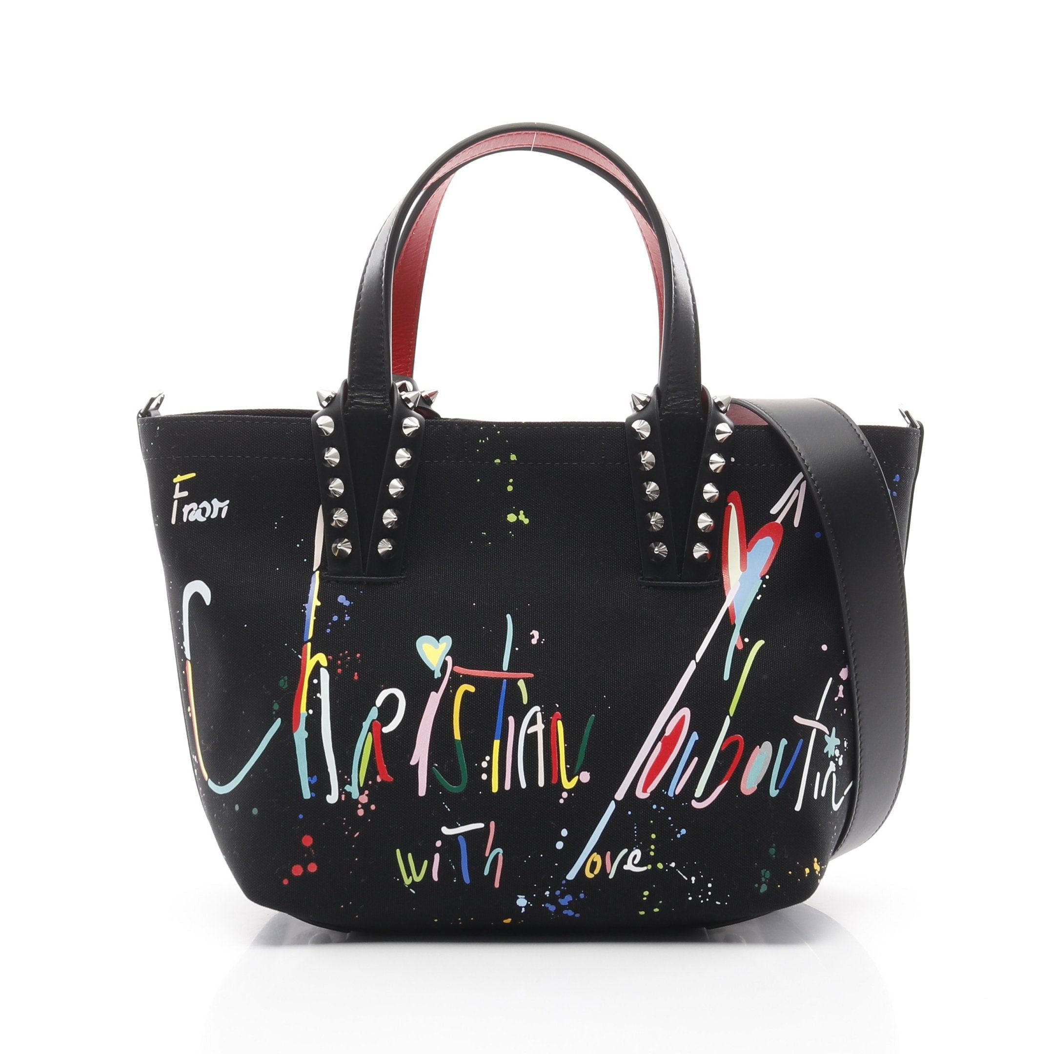 Christian Louboutin Cabata Graffiti Handbag Tote Bag Canvas Leather Black Multicolor Spike Studs, Women's