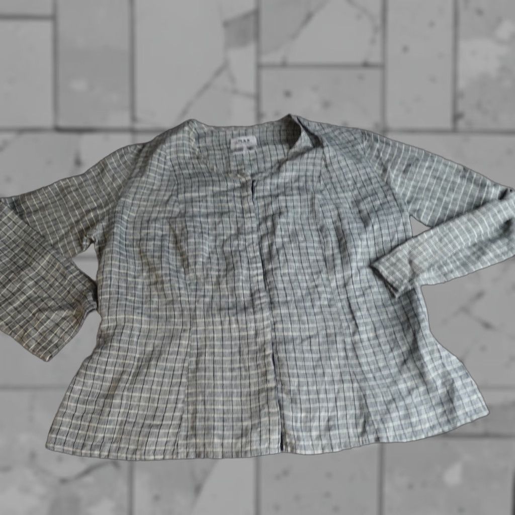 FLAX FLAX Womens Top L Gray Plaid 100% Linen Back Pockets Collarless Snap Shirt Size L / US 10 / IT 46 - 1 Thumbnail