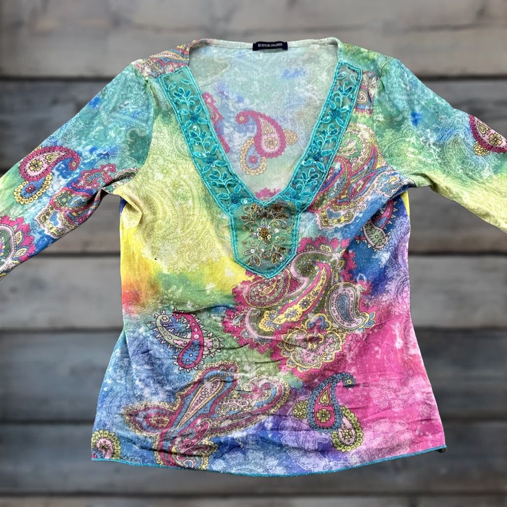 Boston Proper VINTAGE Boston Poper Top Women M Rainbow Paisley Leaf Flare Sleeve Boho USA Y2K Shirt XS? Size M / US 6-8 / IT 42-44 - 1 Thumbnail
