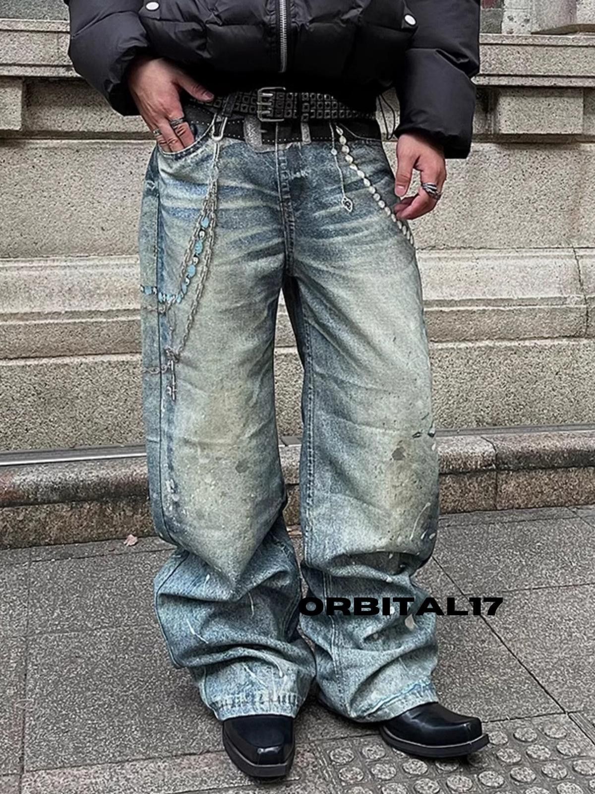Blue Baggy Paint Splatter Flare Denim Jeans